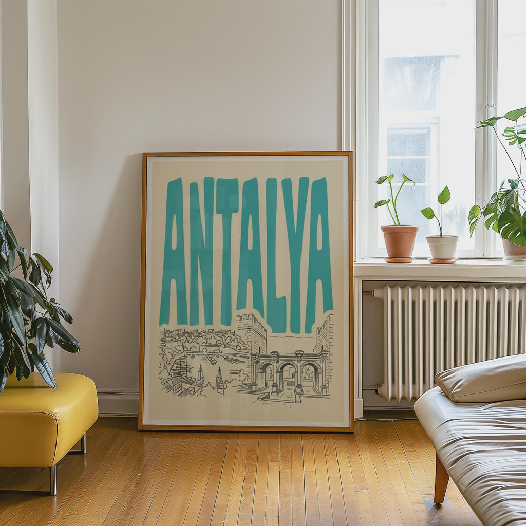 Antalya Turkey Wall Art, Retro Travel Poster, Framed Canvas Print