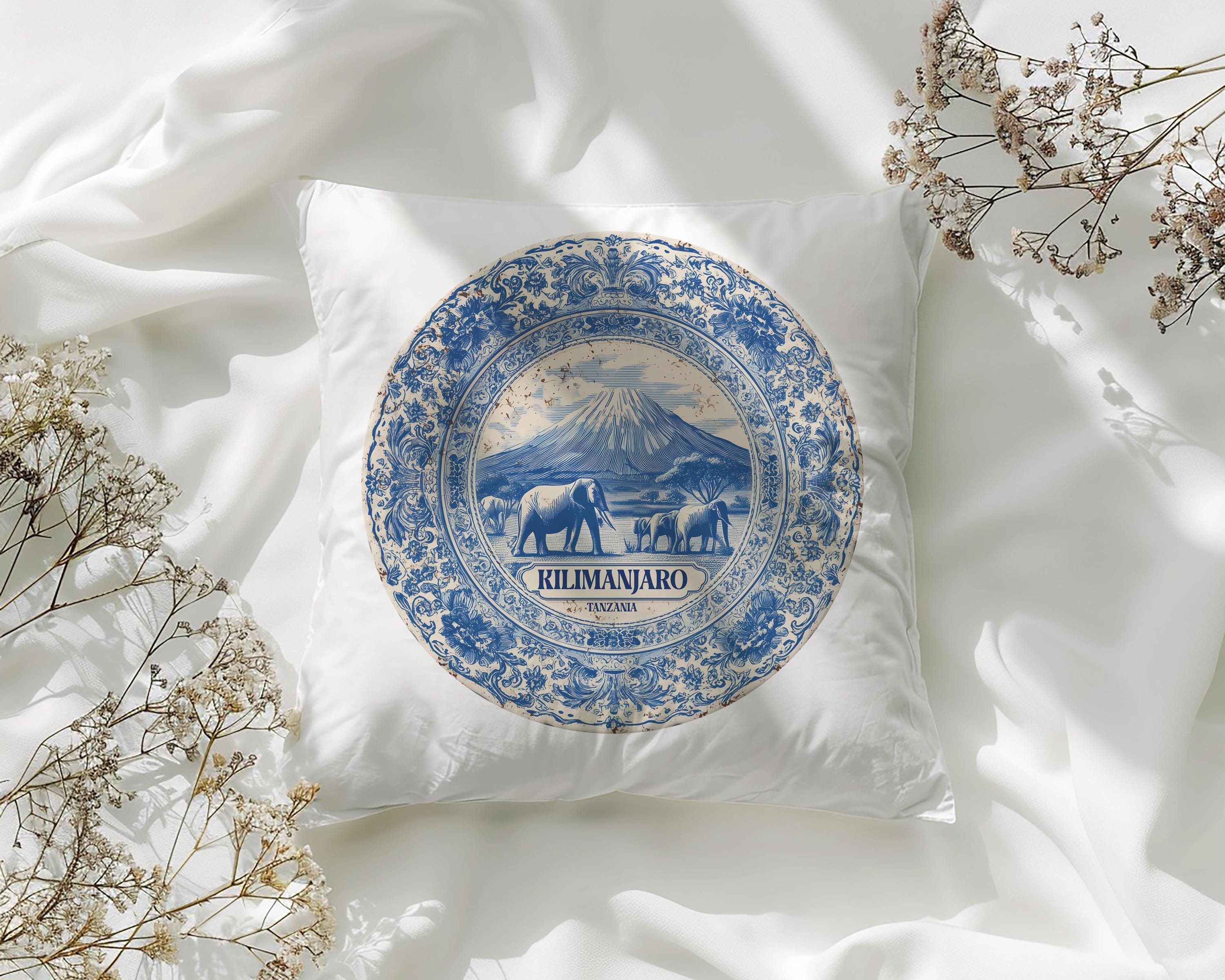 Kilimanjaro Tanzania Pillowcase, Delft Style Decorative Throw Pillow, Vintage Cityscape Retro Home Decor