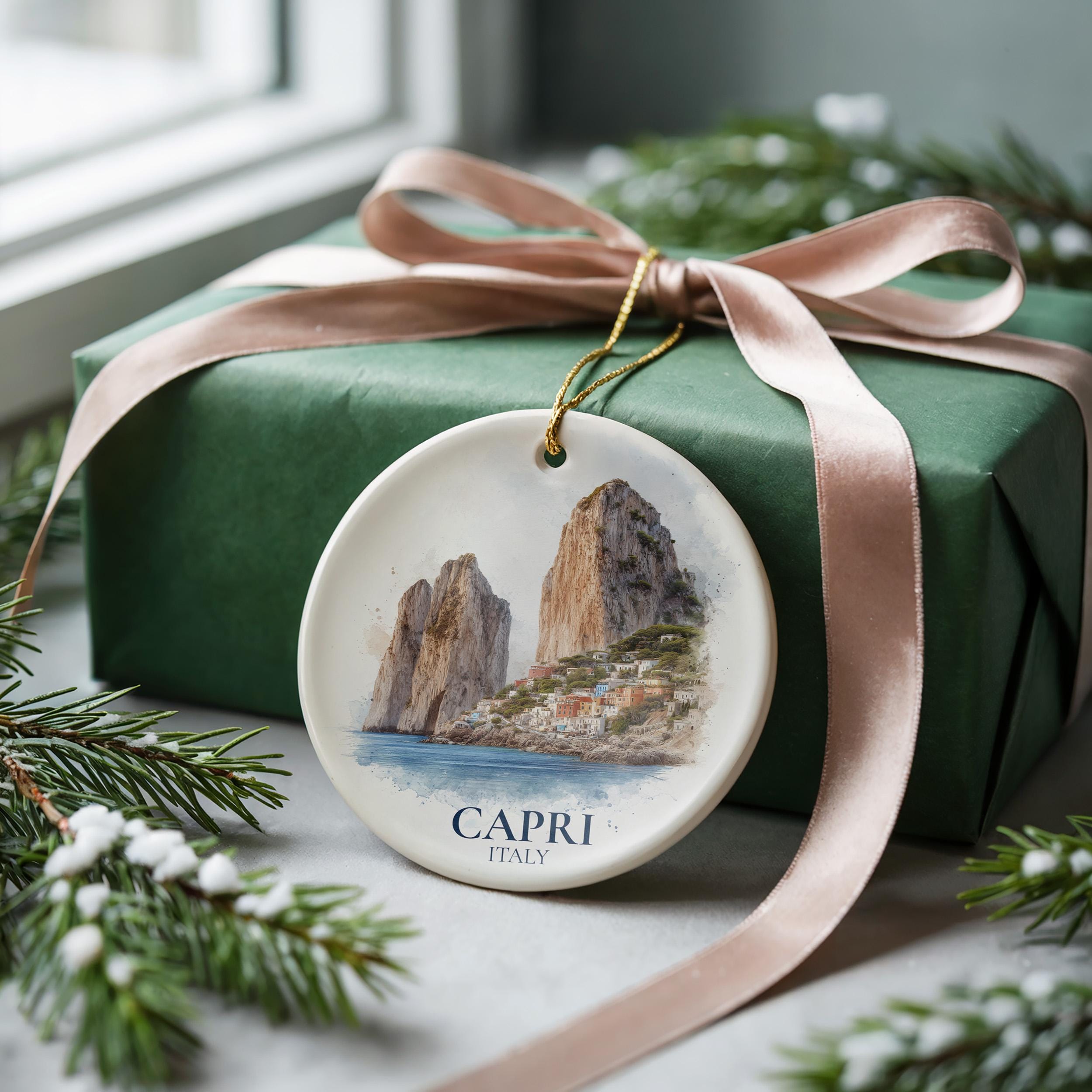 Capri Italy Personalized Watercolor Ornament, Custom Ceramic Christmas gift, Travel Keepsake