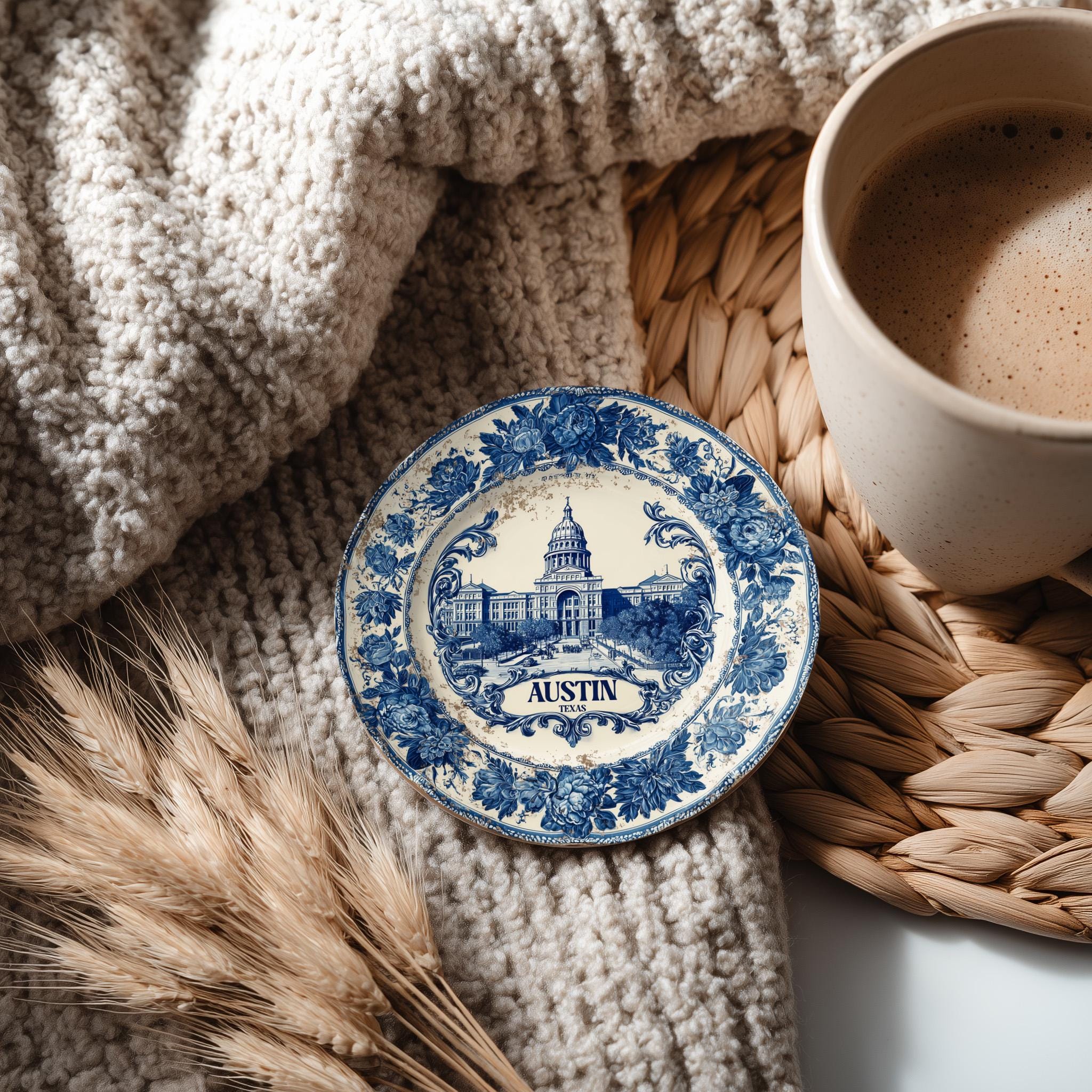 Austin Texas Delftware Ceramic Coaster, Blue White Travel Gift, Vintage Home Decor Collectible