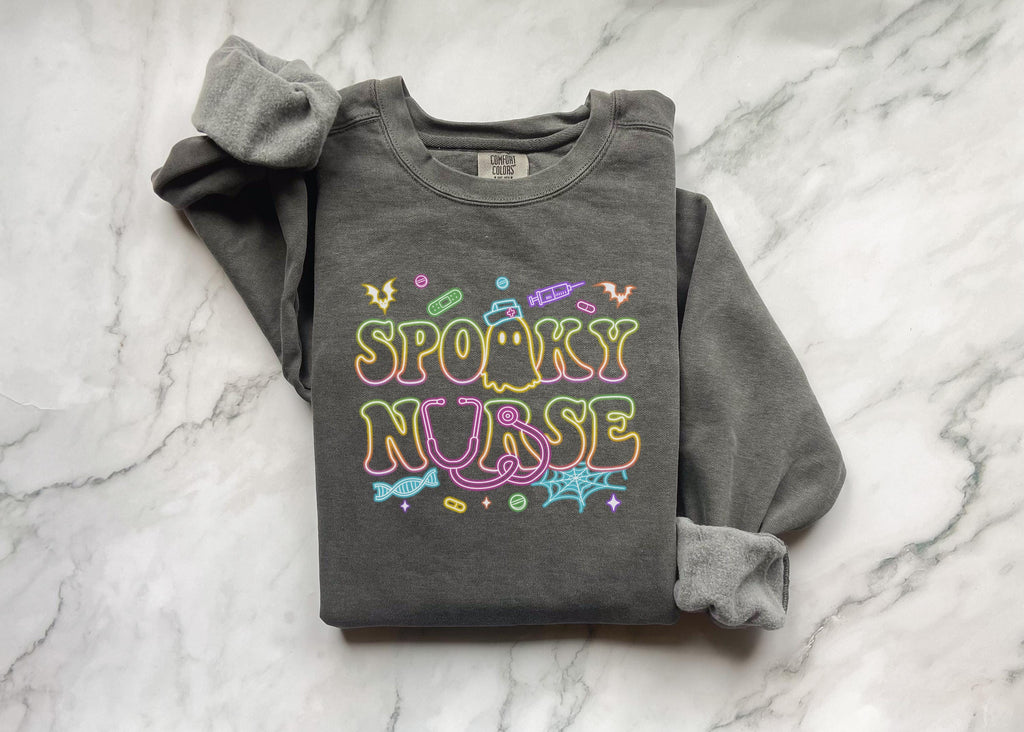 Spooky Nurse Halloween Shirt, Cute Ghost Fall Top with Flowers, Cozy Autumn Pullover, Funny Retro Spooky Season Apparel, Gift for Her