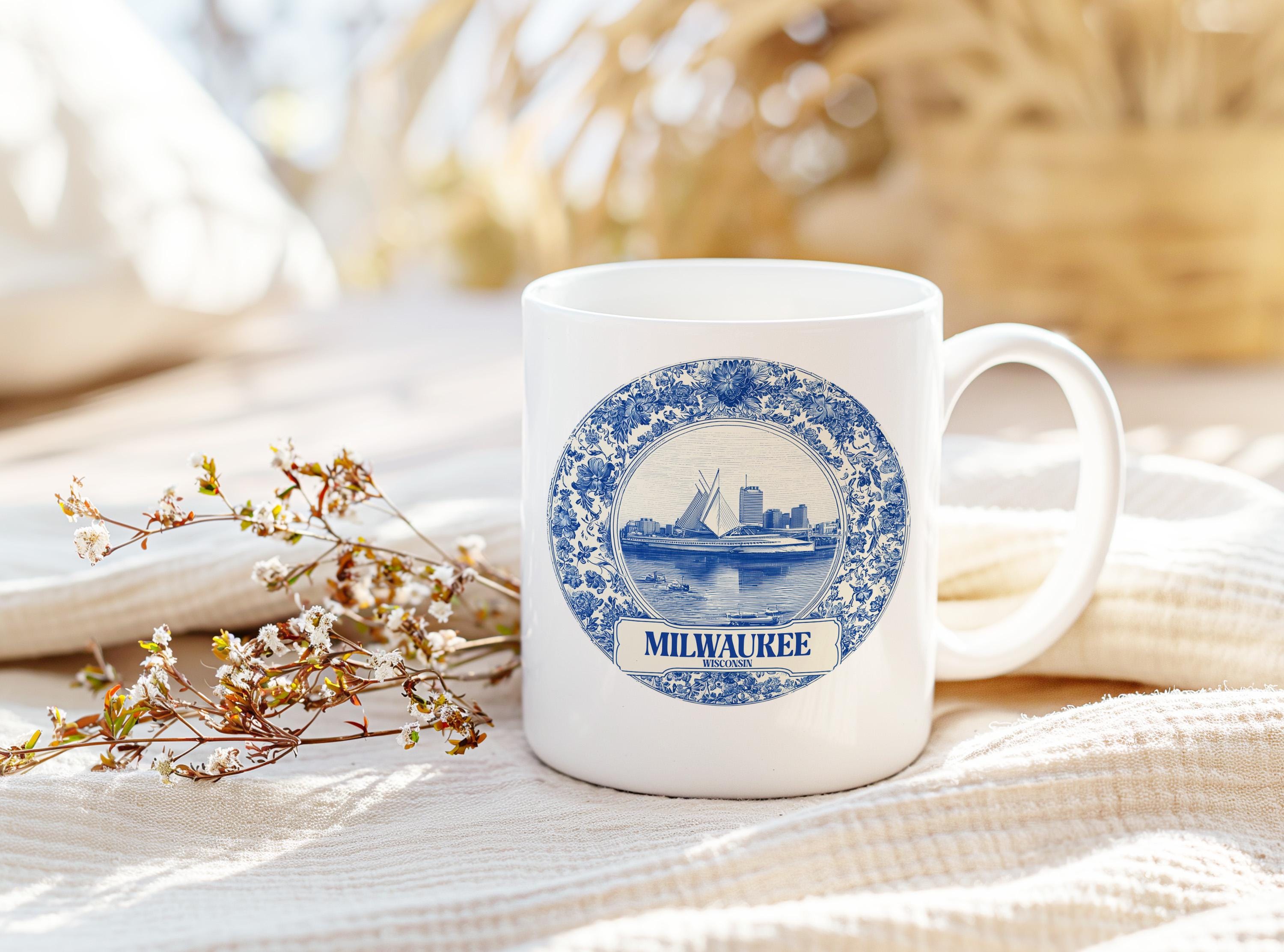 Milwaukee Wisconsin Mug, Custom Delft Style cup, Personalized Vintage Travel City Gift