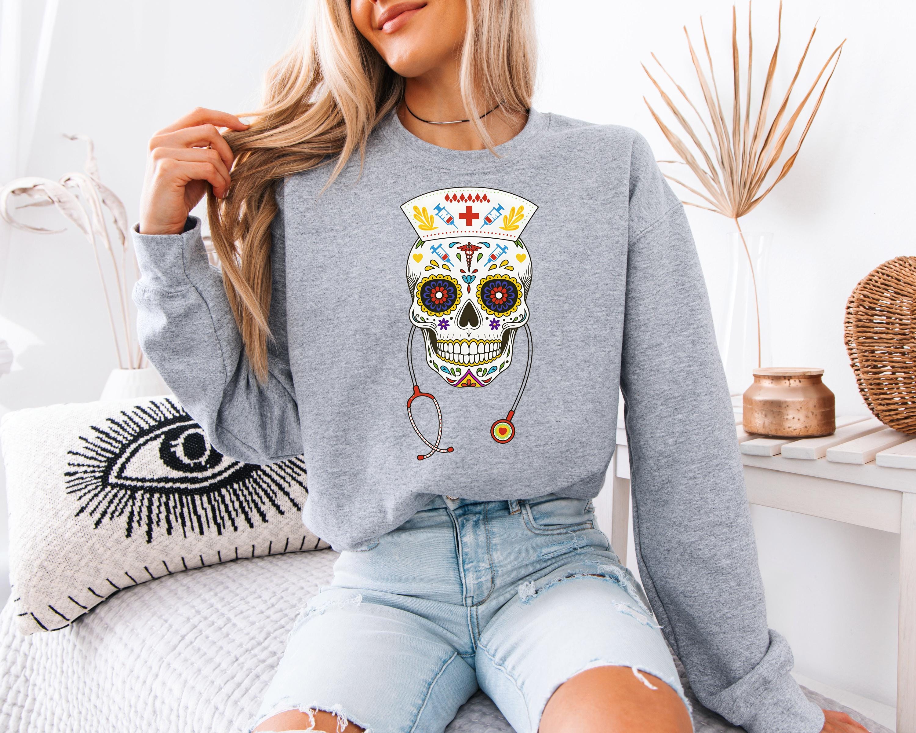 Skull Nurse Sweatshirt, Halloween Sweater, Day of the Dead Nurse, Spooky Nurse Outfit, Nurse Appreciation Gift, Medical Halloween Crewn
