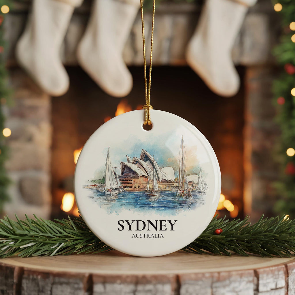 Sydney Australia Personalized Watercolor Ornament, Custom Ceramic Christmas gift, Travel Keepsake