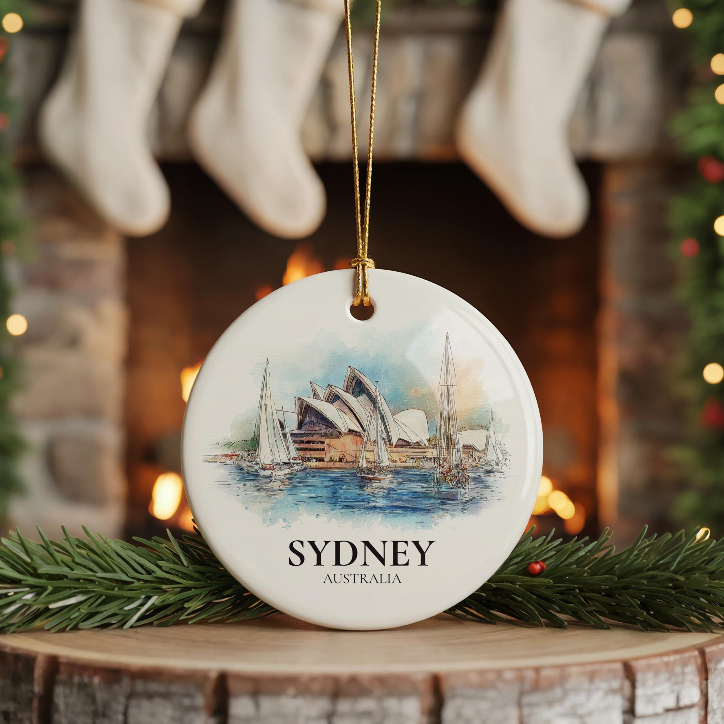 Sydney Australia Personalized Watercolor Ornament, Custom Ceramic Christmas gift, Travel Keepsake