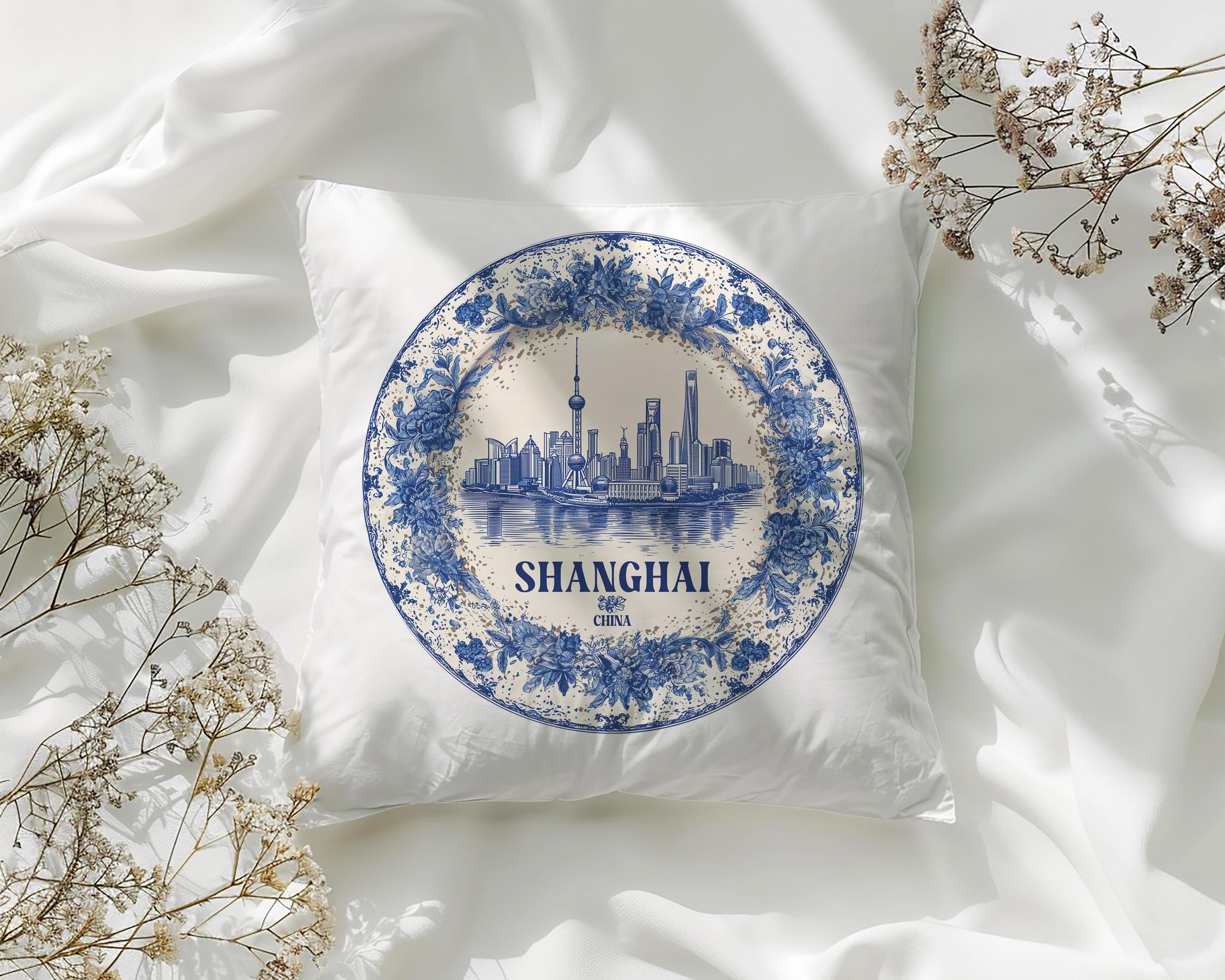 Shanghai China Pillowcase, Delft Style Decorative Throw Pillow, Vintage Cityscape Retro Home Decor