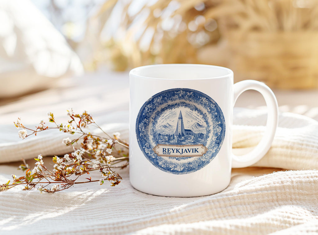 Reykjavik Iceland Mug, Custom Delft Style cup, Personalized Vintage Travel City Gift