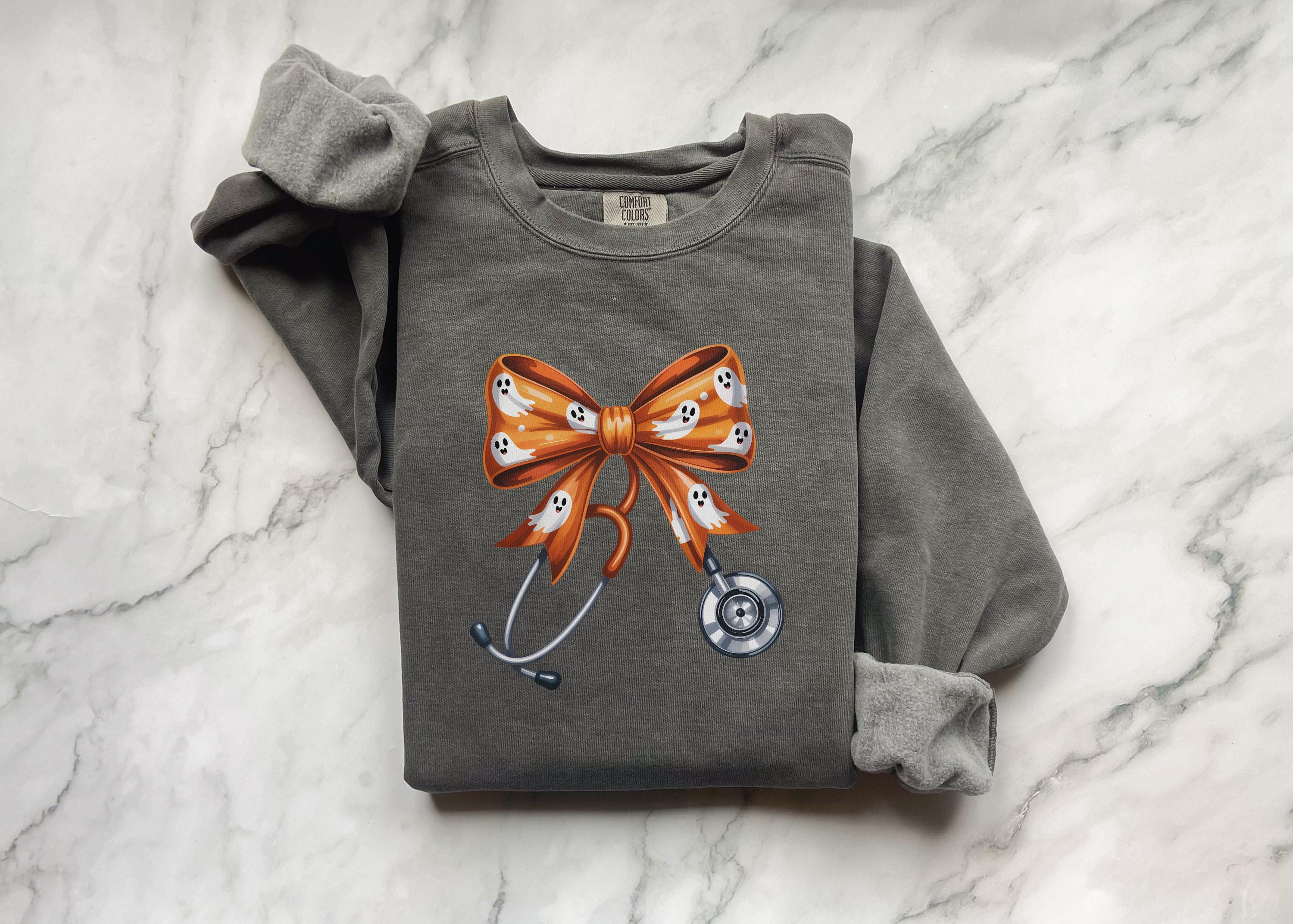Halloween Nurse Sweatshirt: Spooky Plaid Bow, Stethoscope - Medical Gift