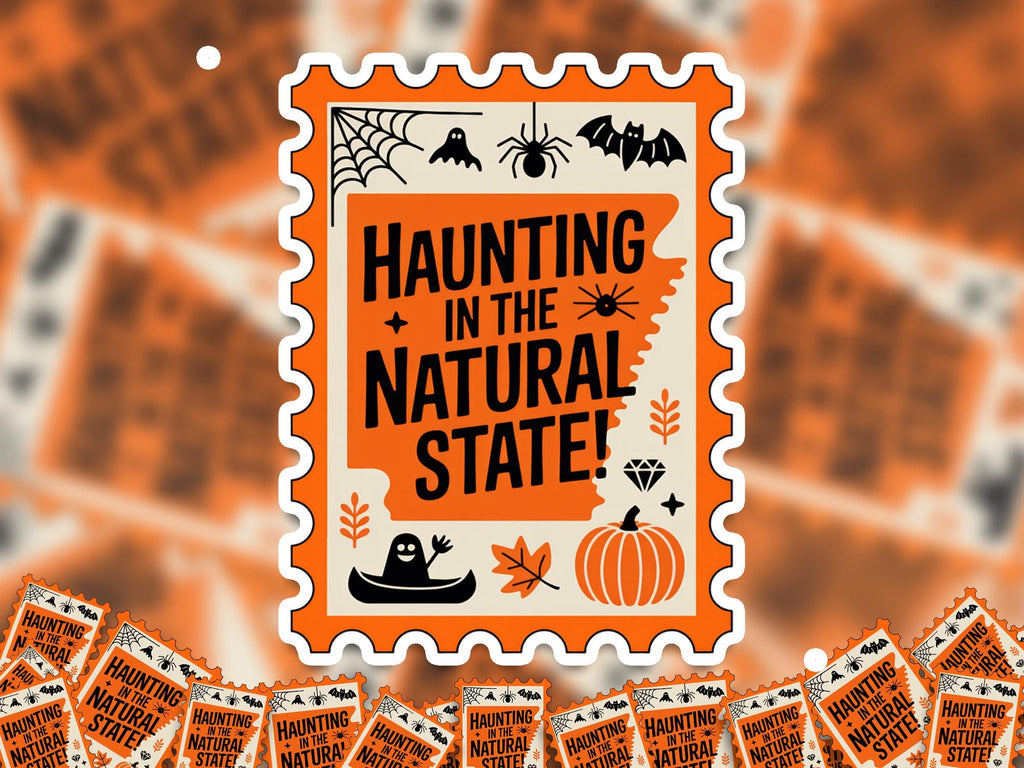 Arkansas Stamp Halloween Sticker, Spooky USA Kiss-Cut Vinyl, Waterproof Decal, United States Travel
