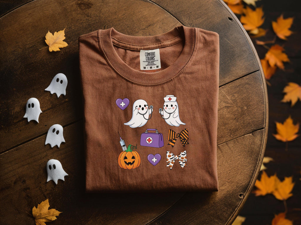 Halloween Nurse Shirt, Cute Ghost RN Tee with Pumpkin and Bows, Spooky Fall Medical Funny Trick or Treat Outfit, Gift for Nurse, ER Crew