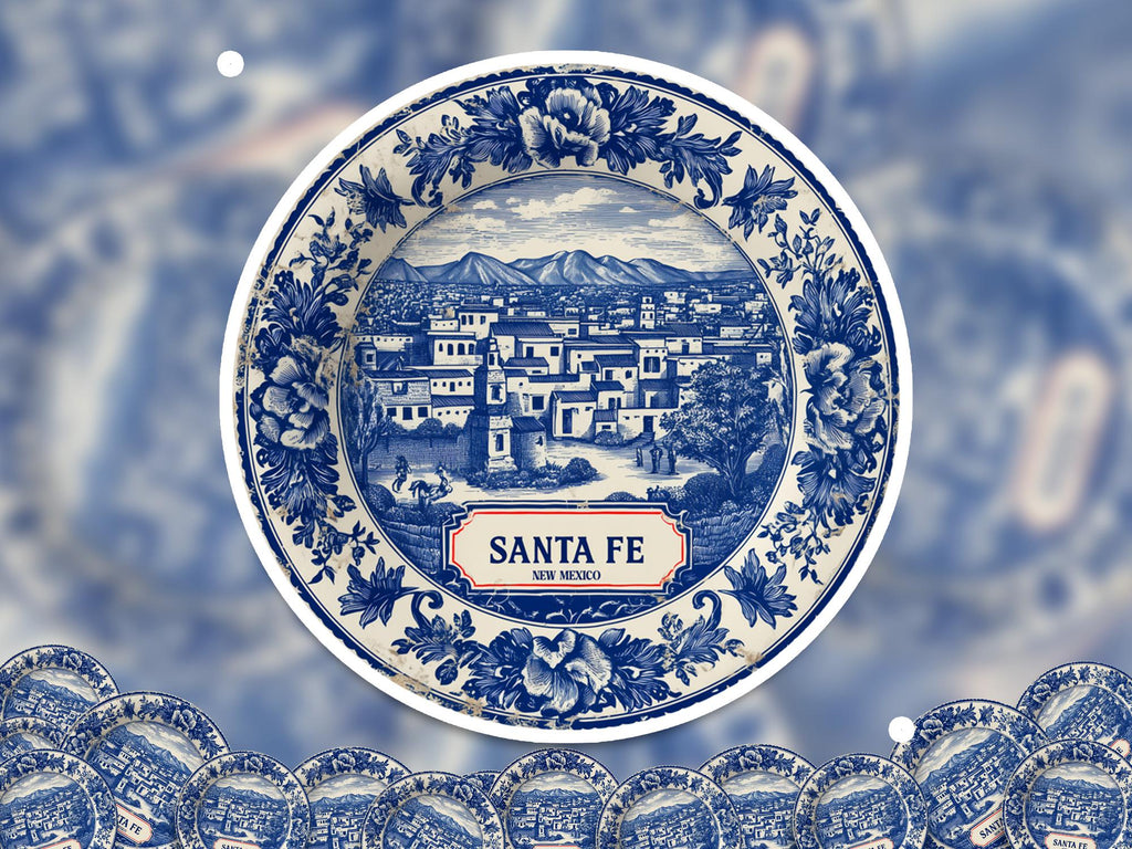 Santa Fe New Mexico Sticker Vintage Delft style, Delftware Decal Waterproof Vinyl, Blue City Travel