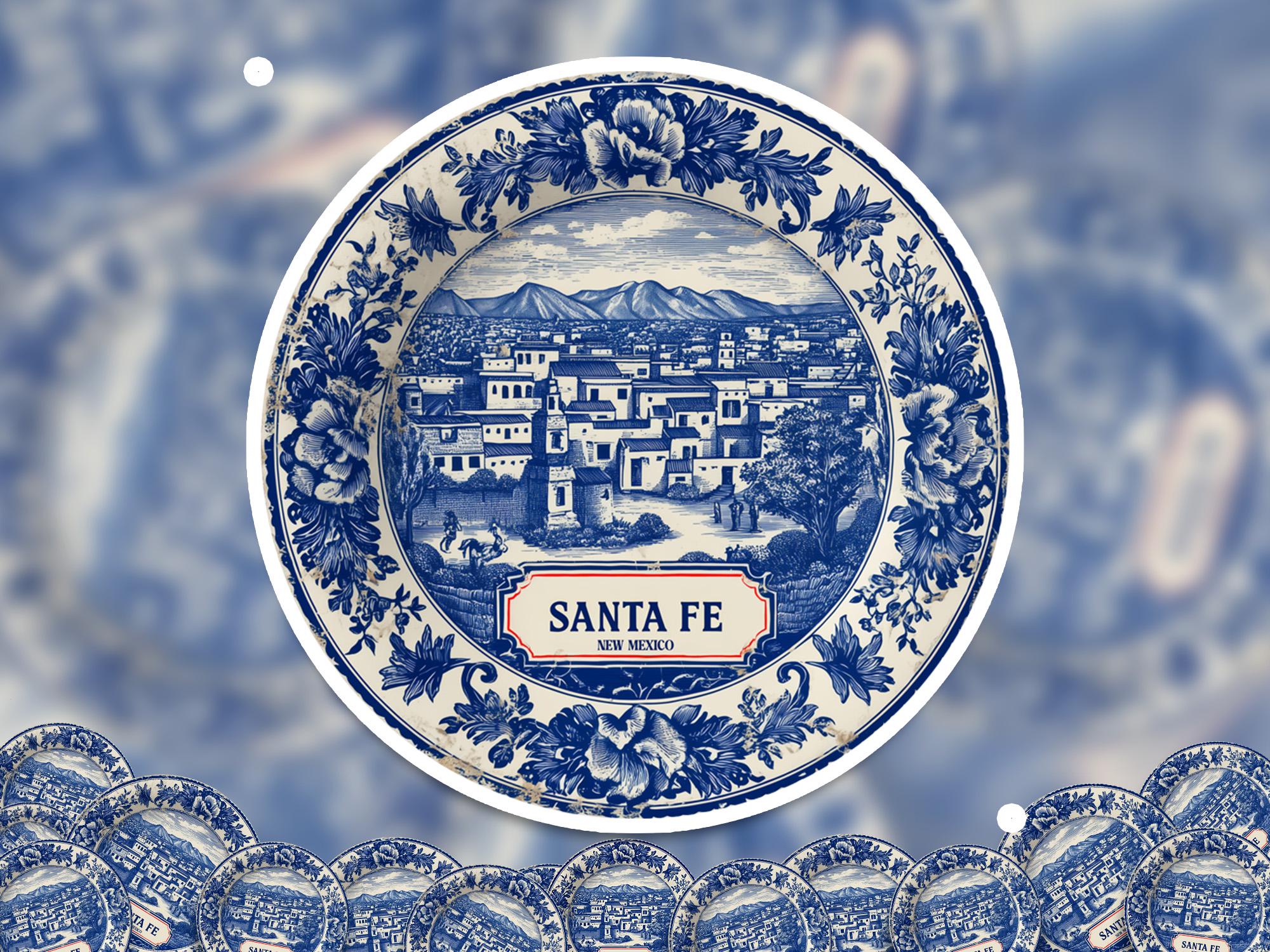 Santa Fe New Mexico Sticker Vintage Delft style, Delftware Decal Waterproof Vinyl, Blue City Travel