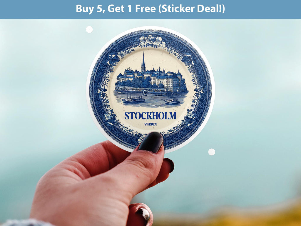 Stockholm Sweden Sticker Vintage Delft style, Delftware Decal Waterproof Vinyl, Blue City Travel