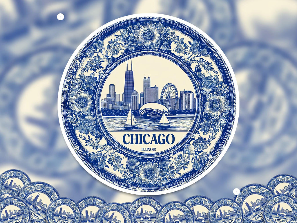 Chicago Illinois US Sticker Vintage Delft style, Delftware Decal Waterproof Vinyl, Blue City Travel USA