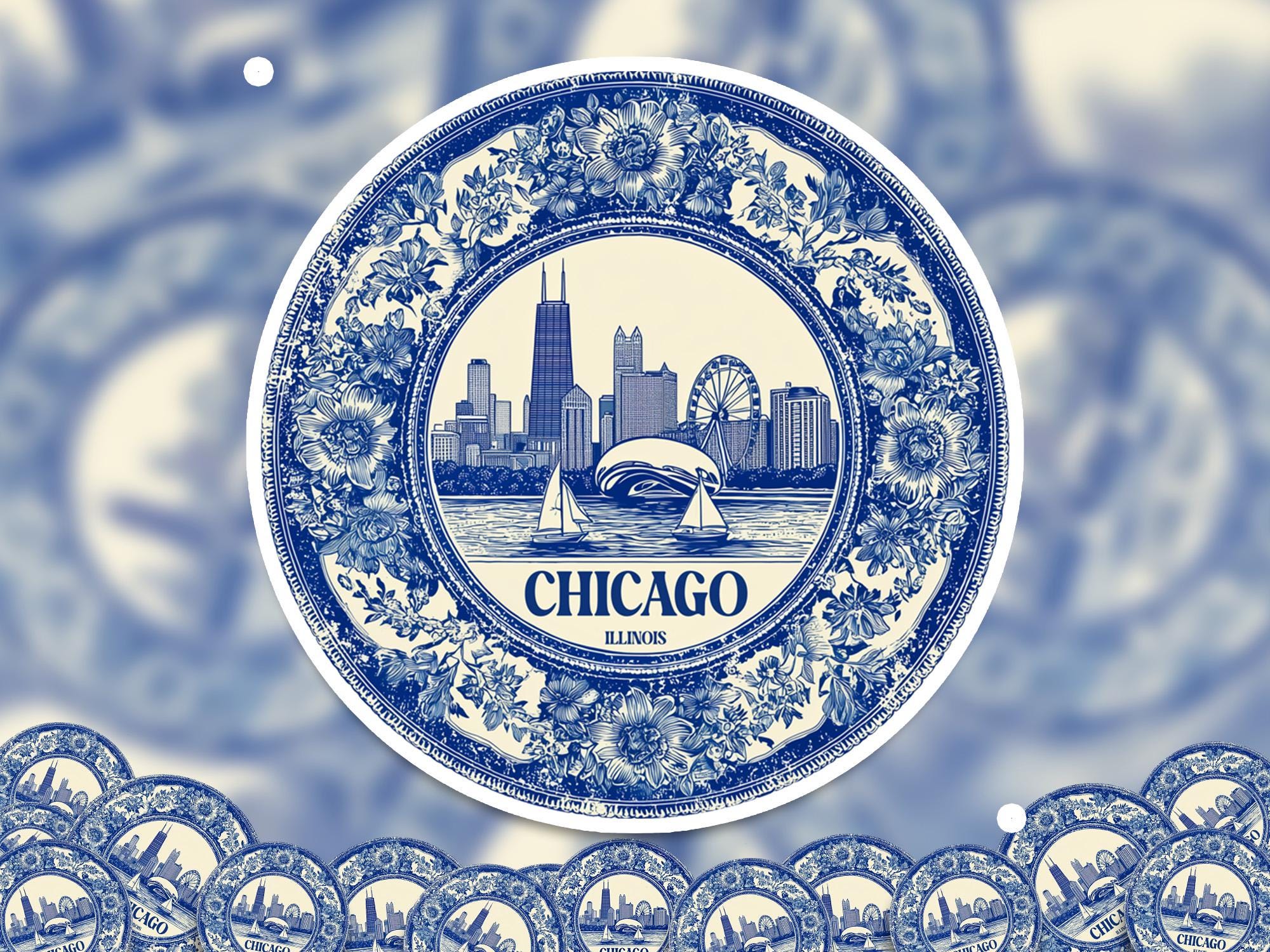 Chicago Illinois US Sticker Vintage Delft style, Delftware Decal Waterproof Vinyl, Blue City Travel USA