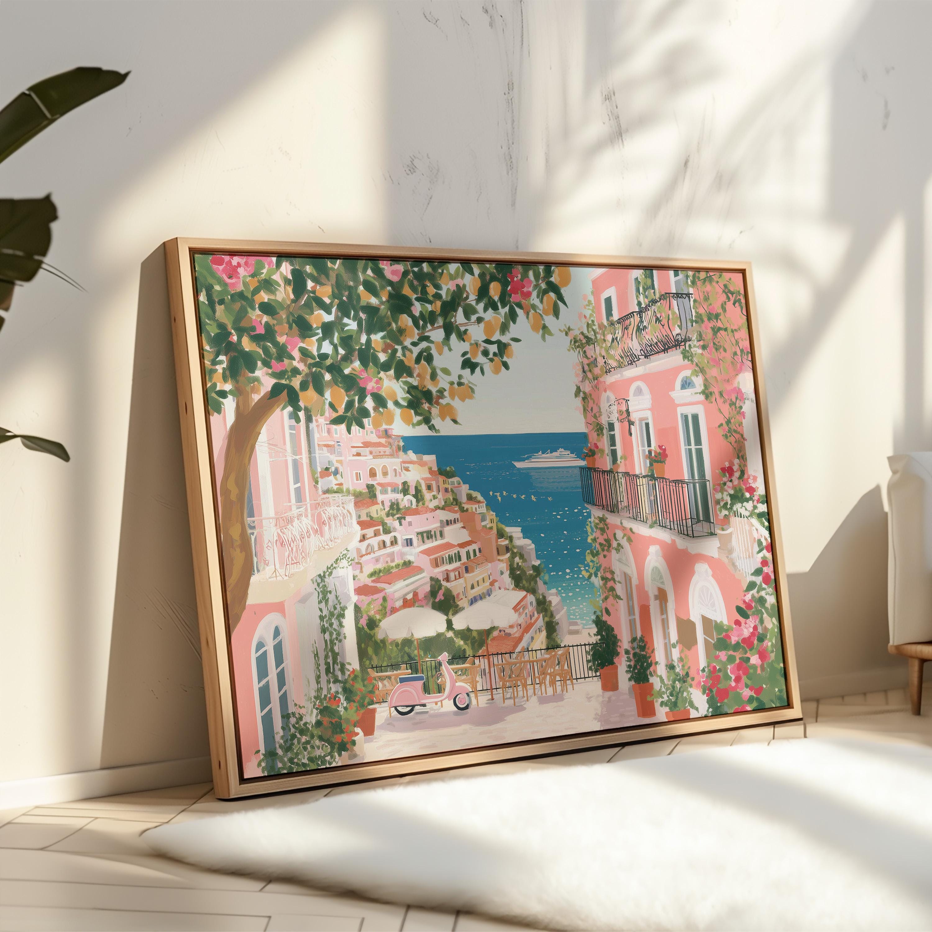 Amalfi Coast Spring Wall Art, Cherry Blossom Floral Italy Travel Gift Decor Large Print