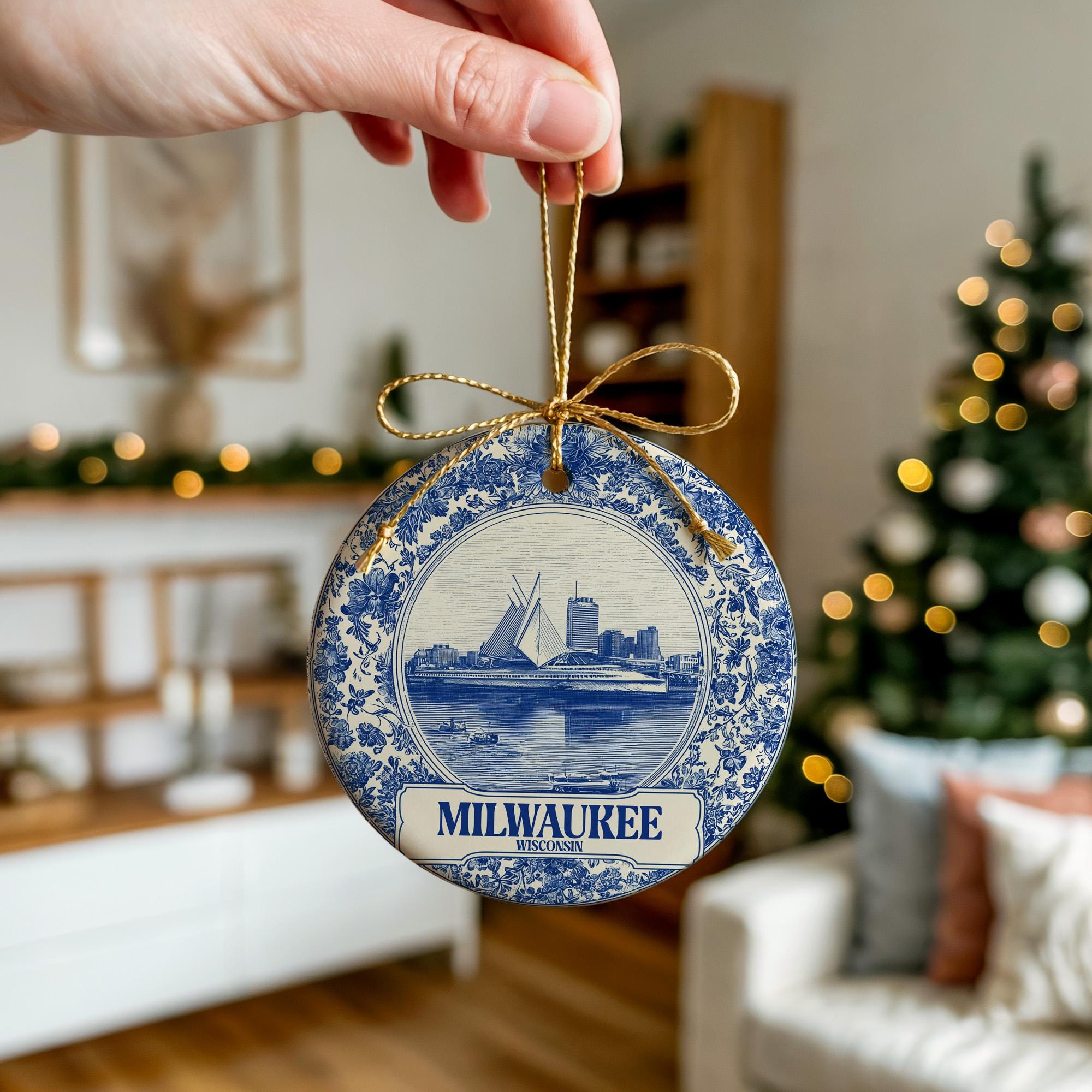 Custom Milwaukee Wisconsin Ceramic Delft Ornament, Christmas Delftware Blue Delftware city travel