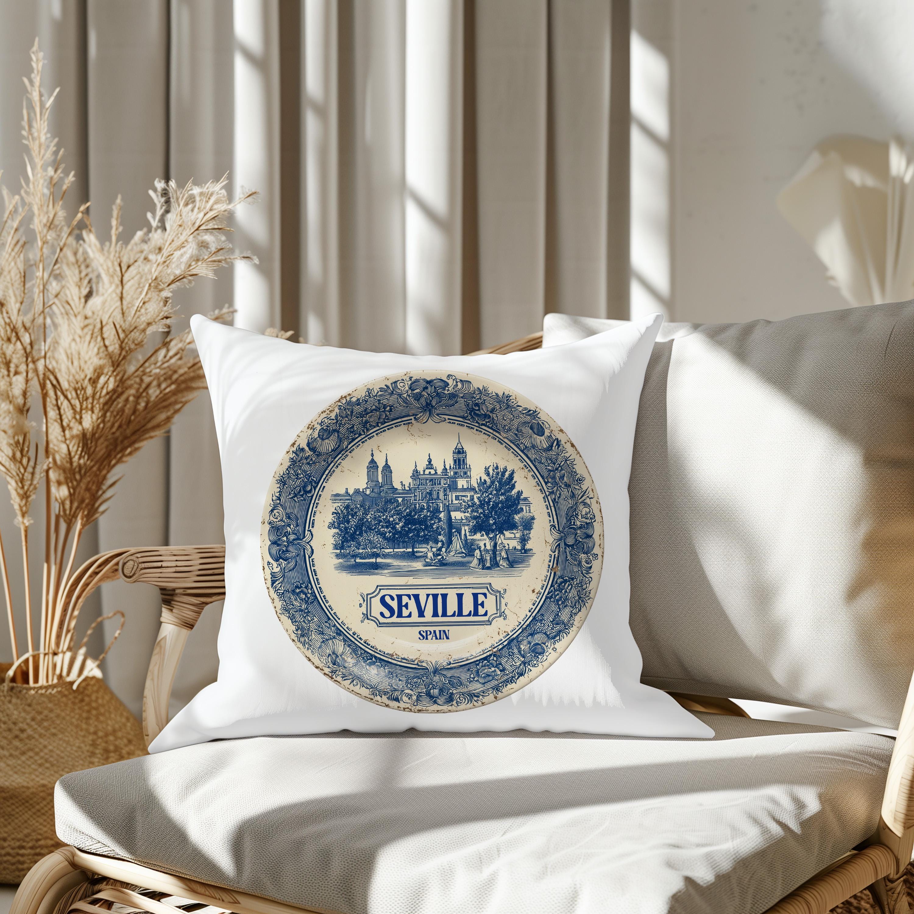 Seville Spain Pillowcase, Delft Style Decorative Throw Pillow, Vintage Cityscape Retro Home Decor