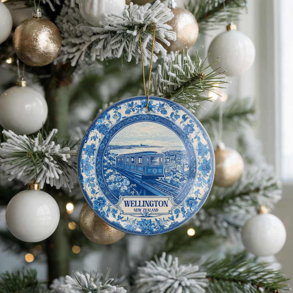 Custom Wellington New Zealand Ceramic Delft Ornament, Christmas Delftware Blue Delftware city travel