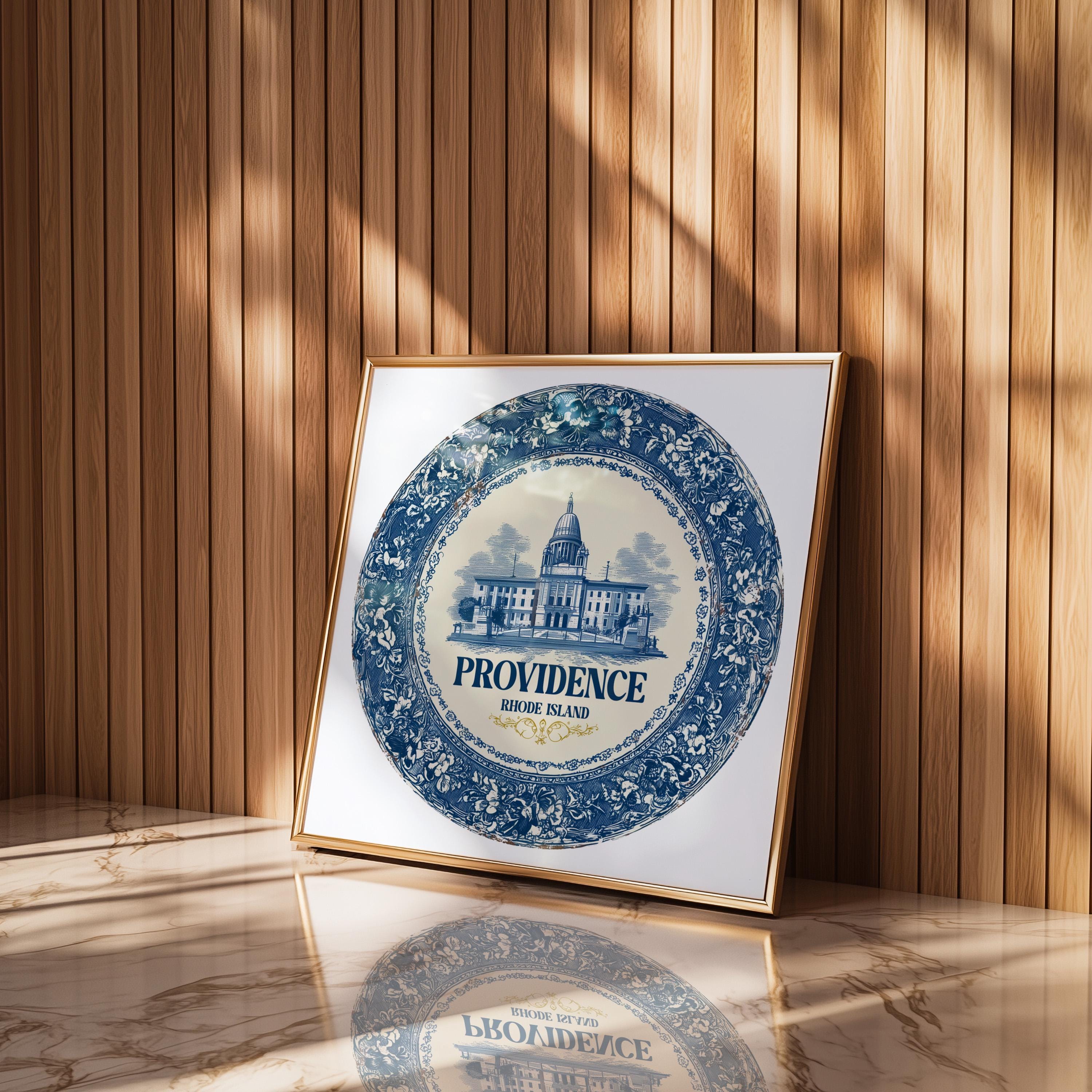 Providence Rhode Island Wall Art, Vintage Delft Blue Poster, City Print, Travel Home Decor