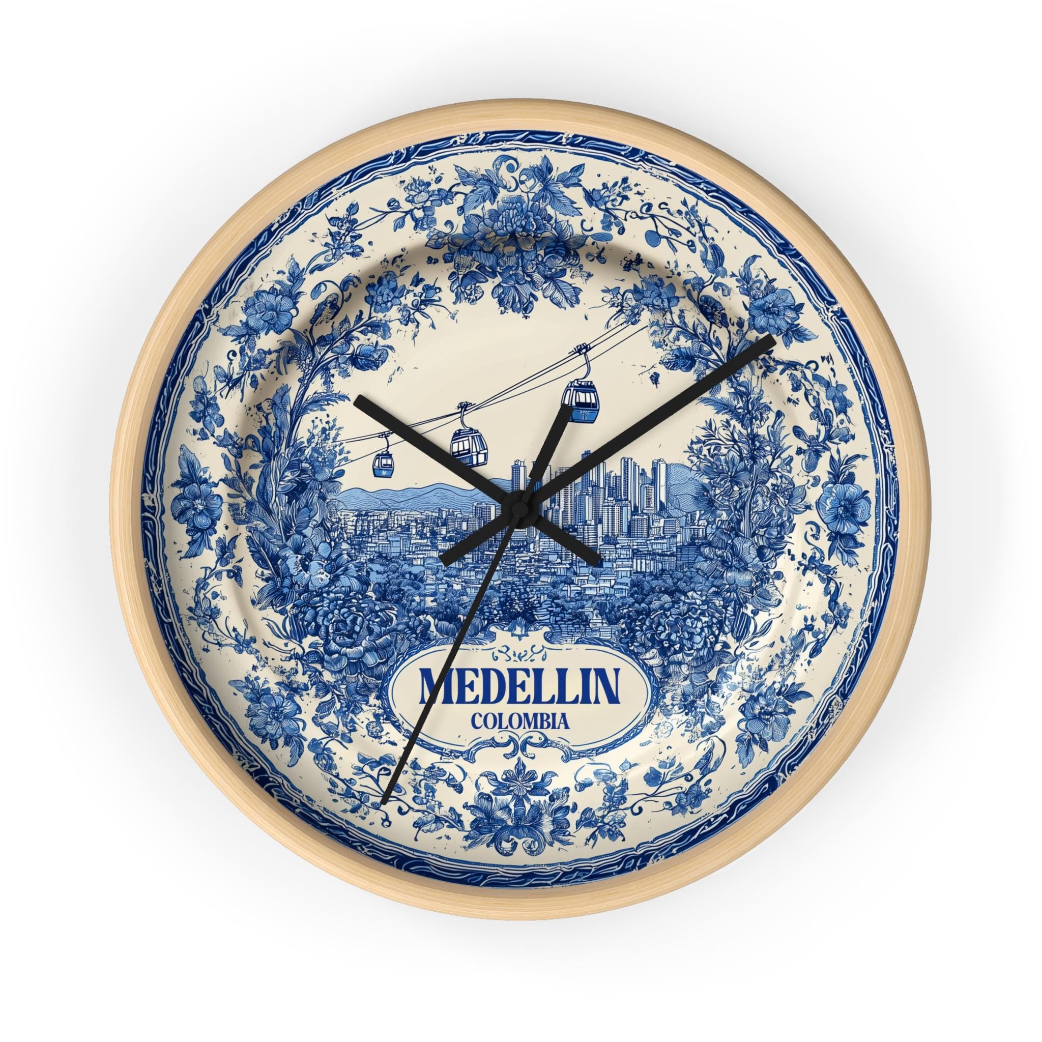 Medellin Colombia Wall Clock, Delf style Home Decor, Vintage City Travel Keepsake Art
