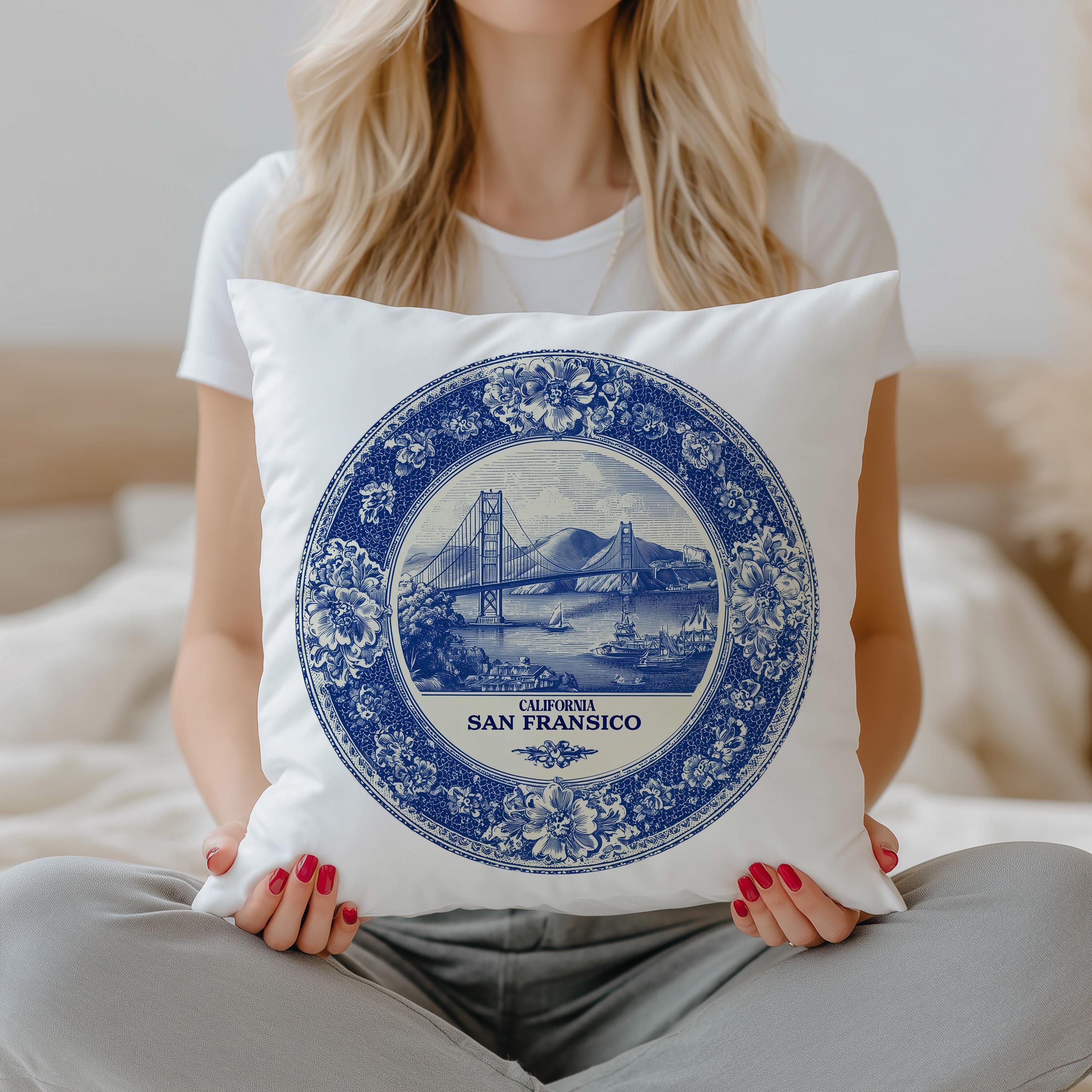 San Francisco California Pillowcase, Delft Style Decorative Throw Pillow, Vintage Cityscape Retro Home Decor