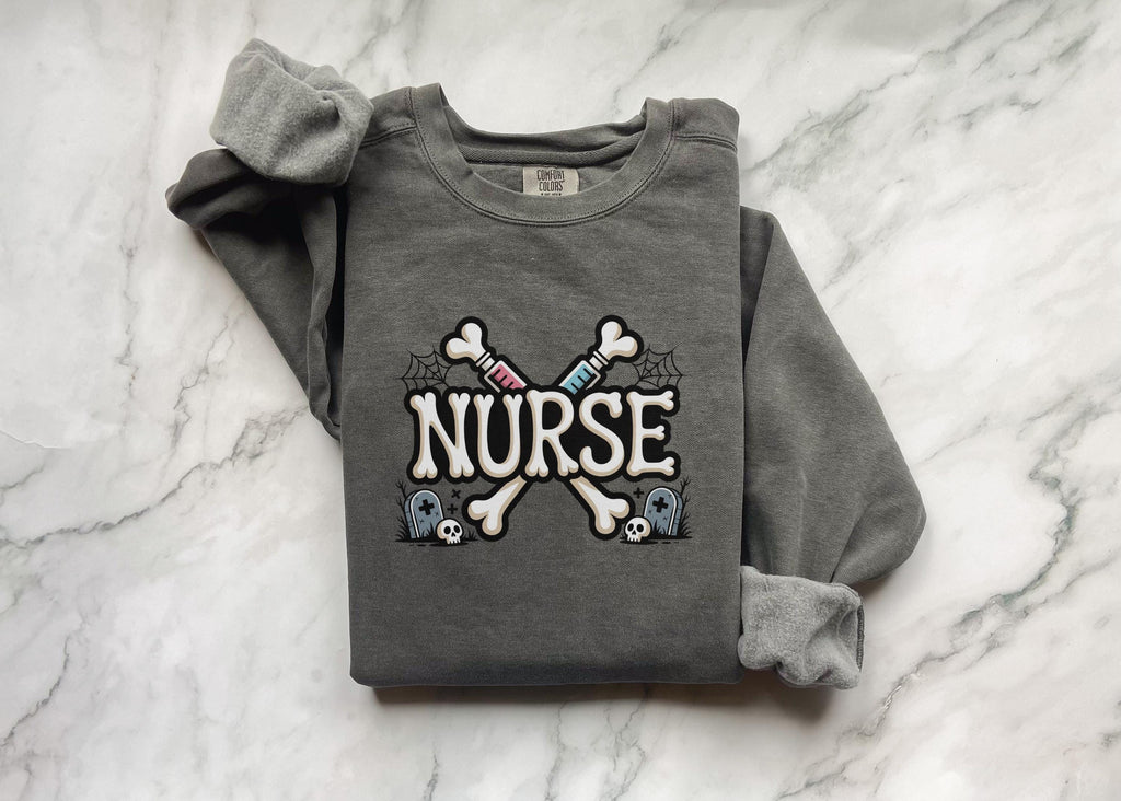 Nurse Halloween Sweatshirt, Funny Graveyard RN Shirt, Spooky Skeleton Nurse Gift, Cute Fall Crewneck for Nurses in Halloween
