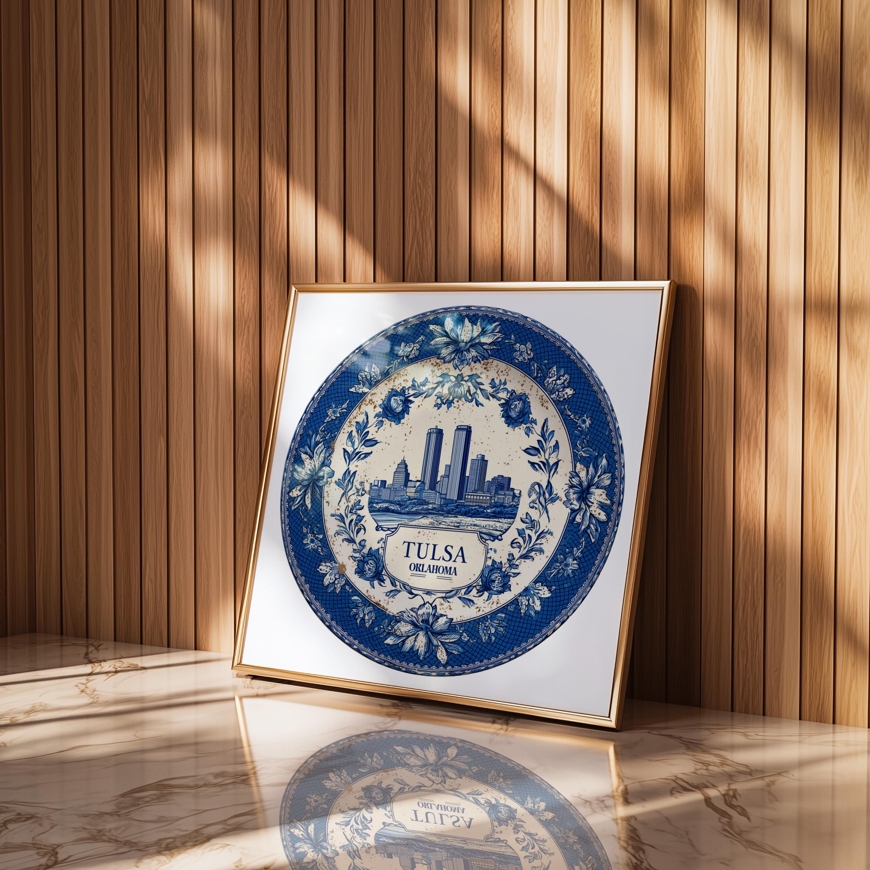 Tulsa Oklahoma Wall Art, Vintage Delft Blue Poster, City Print, Travel Home Decor