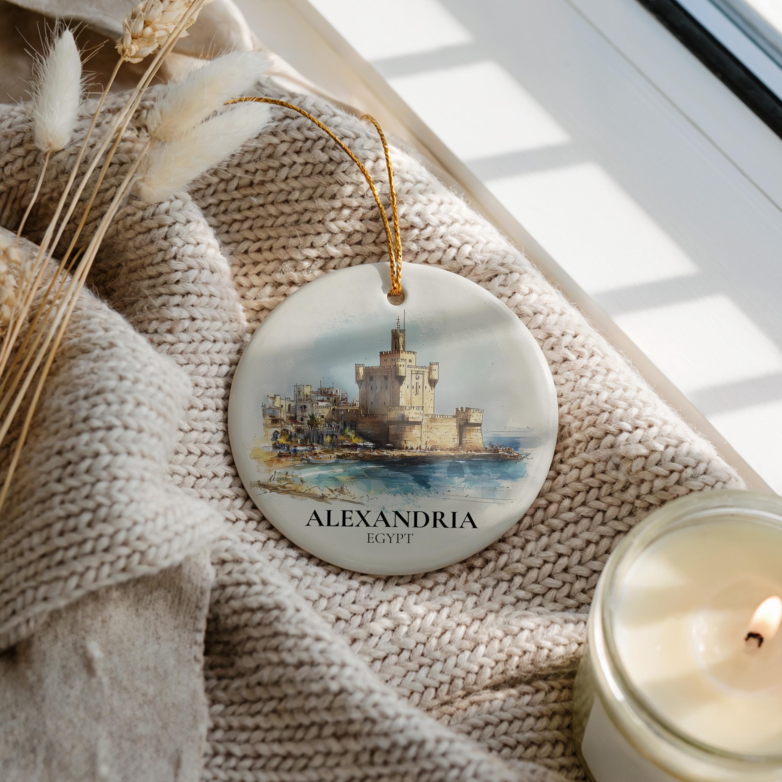 Alexandria Egypt Personalized Watercolor Ornament, Custom Ceramic Christmas gift, Travel Keepsake