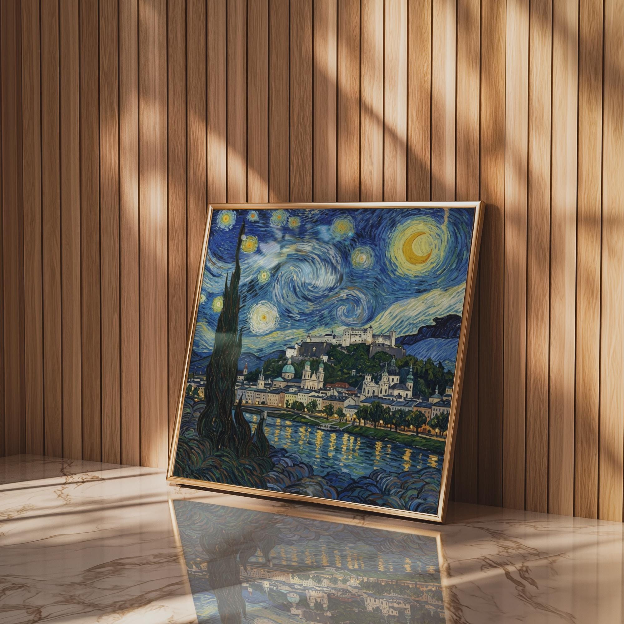 Salzburg Starry Night Wall Art, Van Gogh Style Framed Canvas, Austria City Print