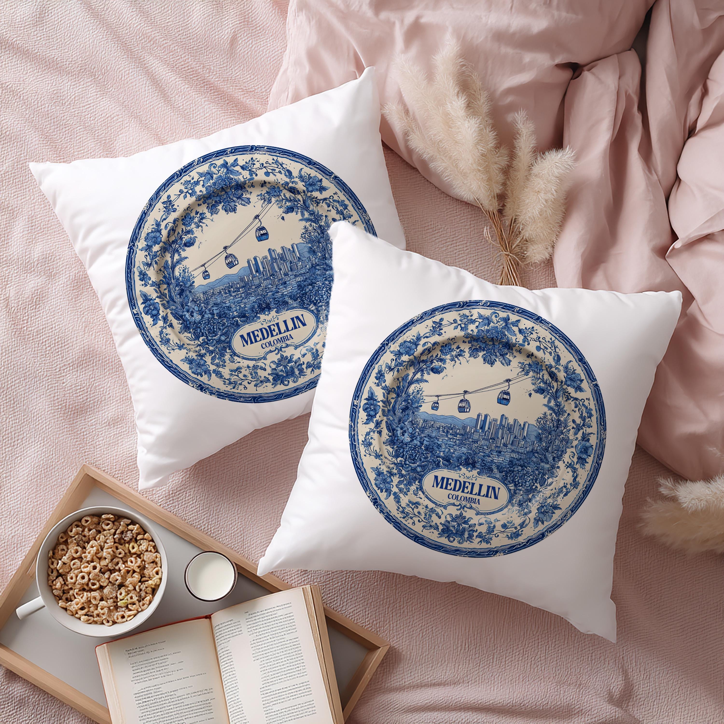 Medellin Colombia Pillowcase, Delft Style Decorative Throw Pillow, Vintage Cityscape Retro Home Decor