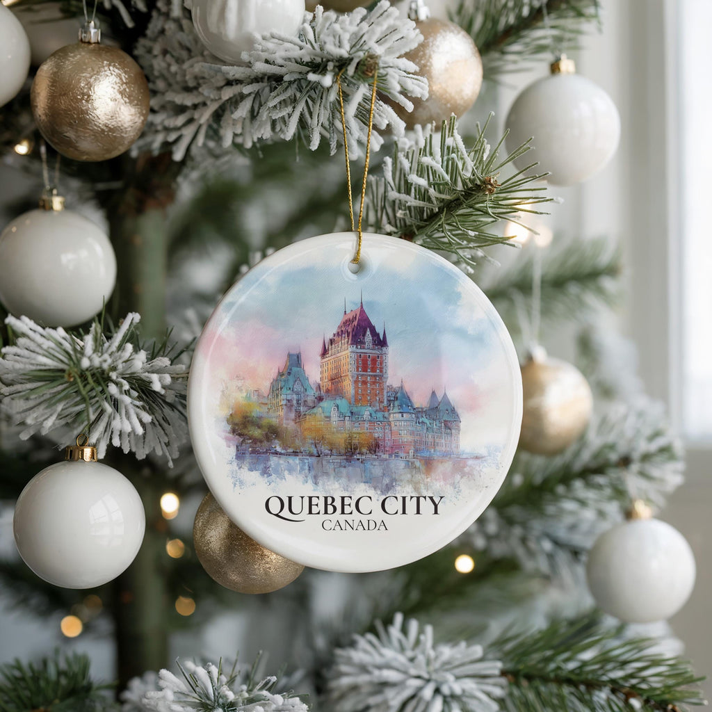 Quebec City Canada Personalized Watercolor Ornament, Custom Ceramic Christmas gift, Travel Keepsake