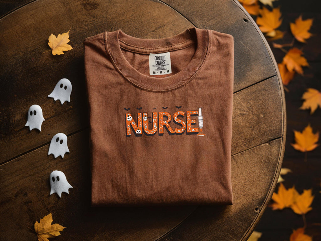 Retro Halloween Nurse Shirt, Spooky Ghost NURSE Tee, Cute Orange Fall Letters RN T-shirt, Autumn Nursing Gift for Halloween