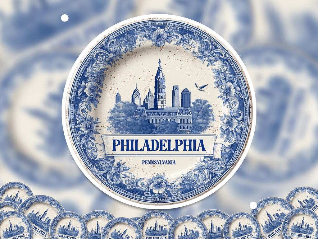 Philadelphia Pennsylvania Retro Sticker Vintage Delft style, Delftware Decal Waterproof Vinyl, Blue City Travel