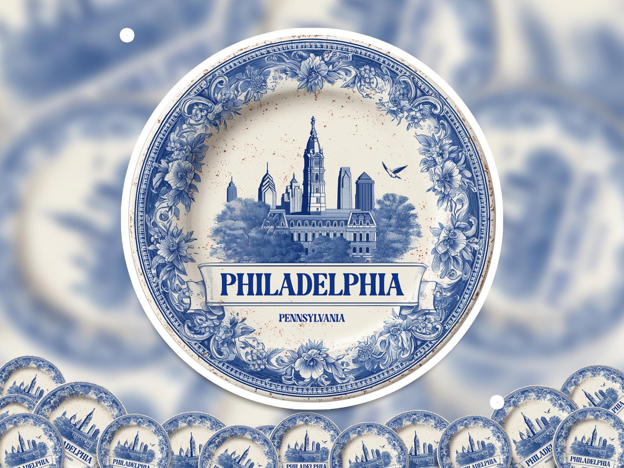 Philadelphia Pennsylvania Retro Sticker Vintage Delft style, Delftware Decal Waterproof Vinyl, Blue City Travel