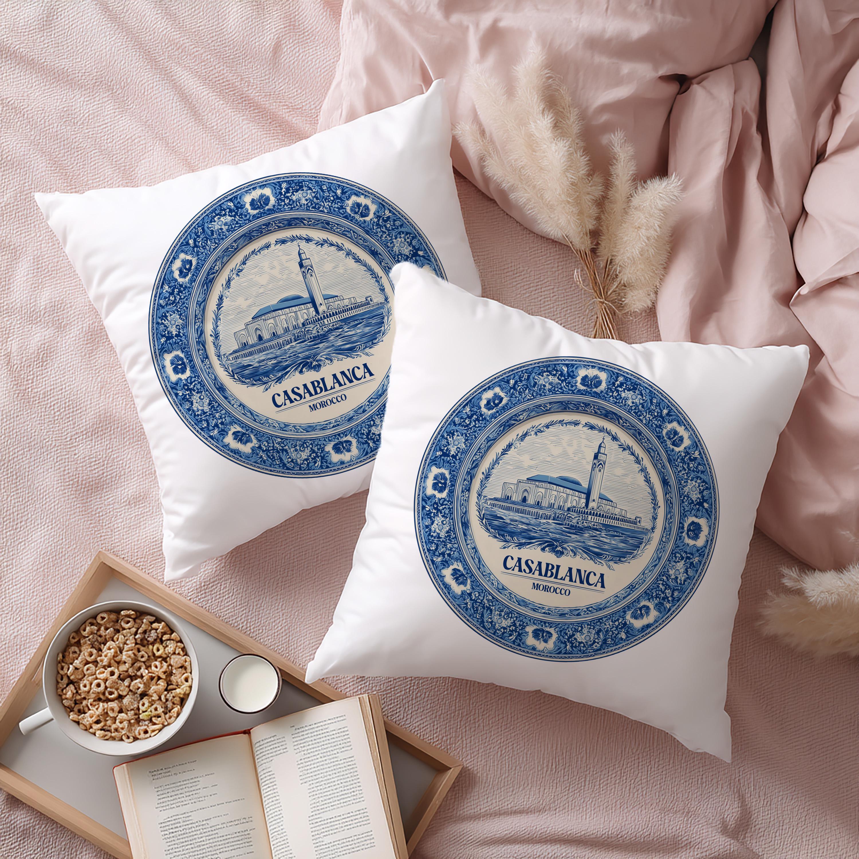 Casablanca Morocco Pillowcase, Delft Style Decorative Throw Pillow, Vintage Cityscape Retro Home Decor