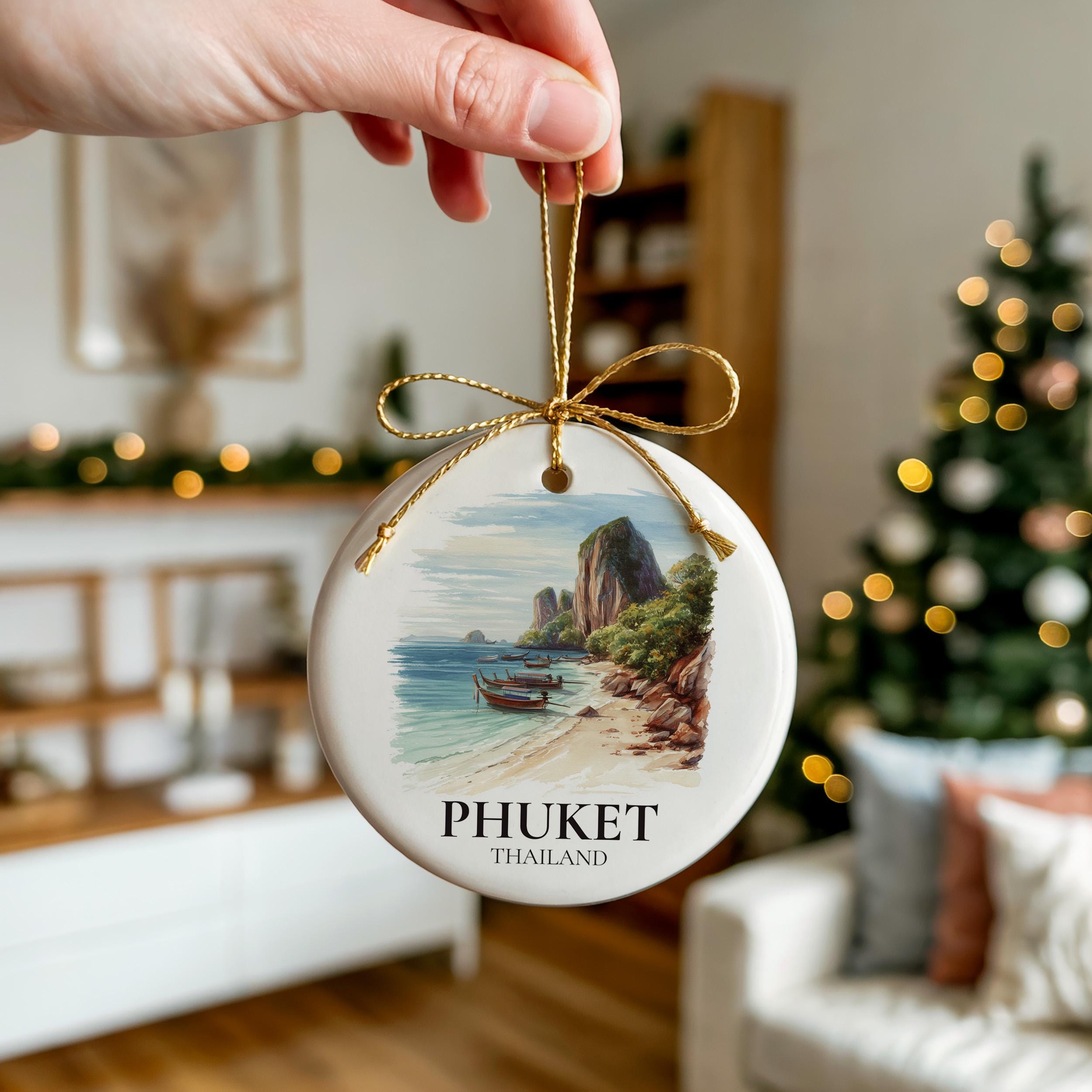 Phuket Thailand Personalized Watercolor Ornament, Custom Ceramic Christmas gift, Travel Keepsake