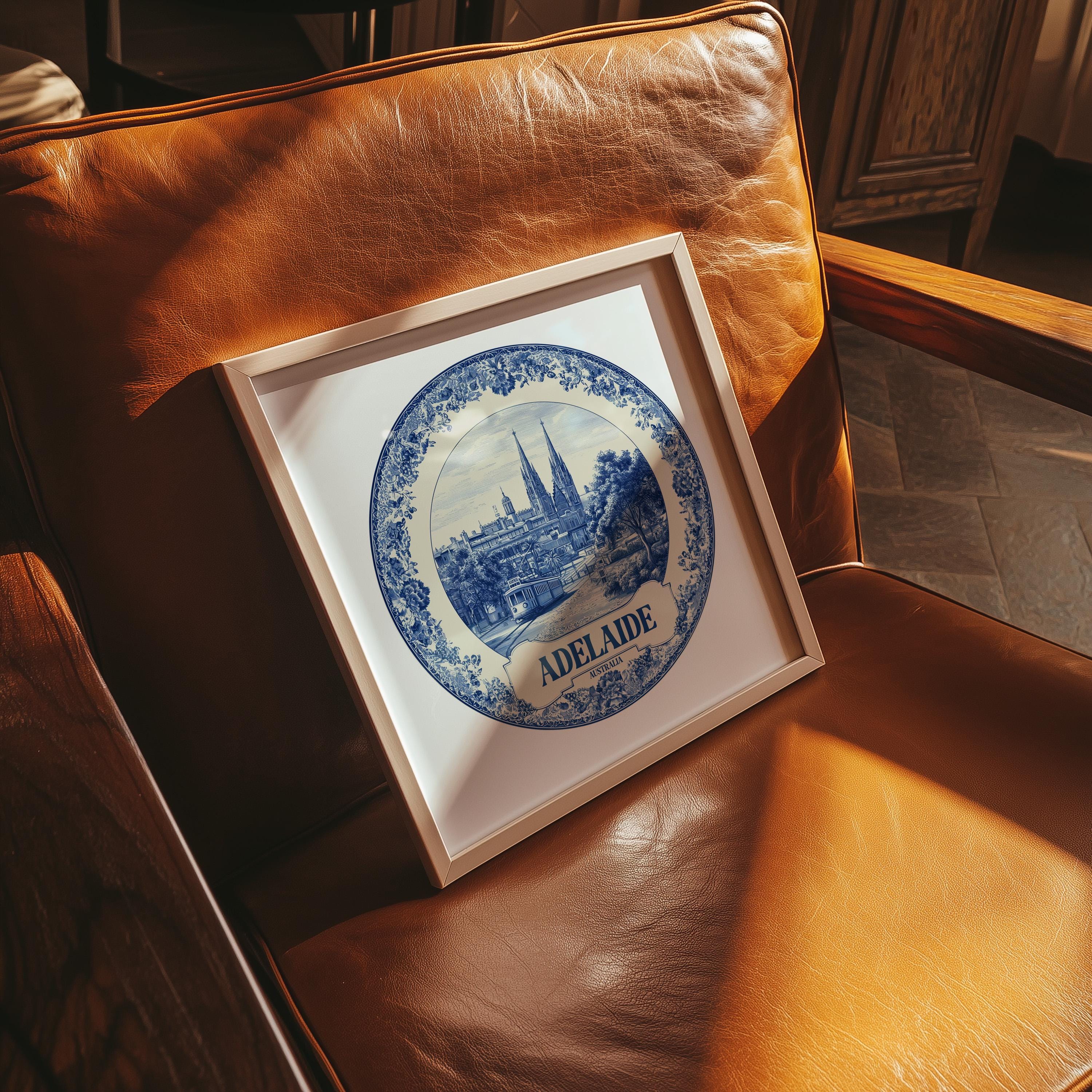 Adelaide Australia Wall Art, Vintage Delft Blue Poster, City Print, Travel Home Decor