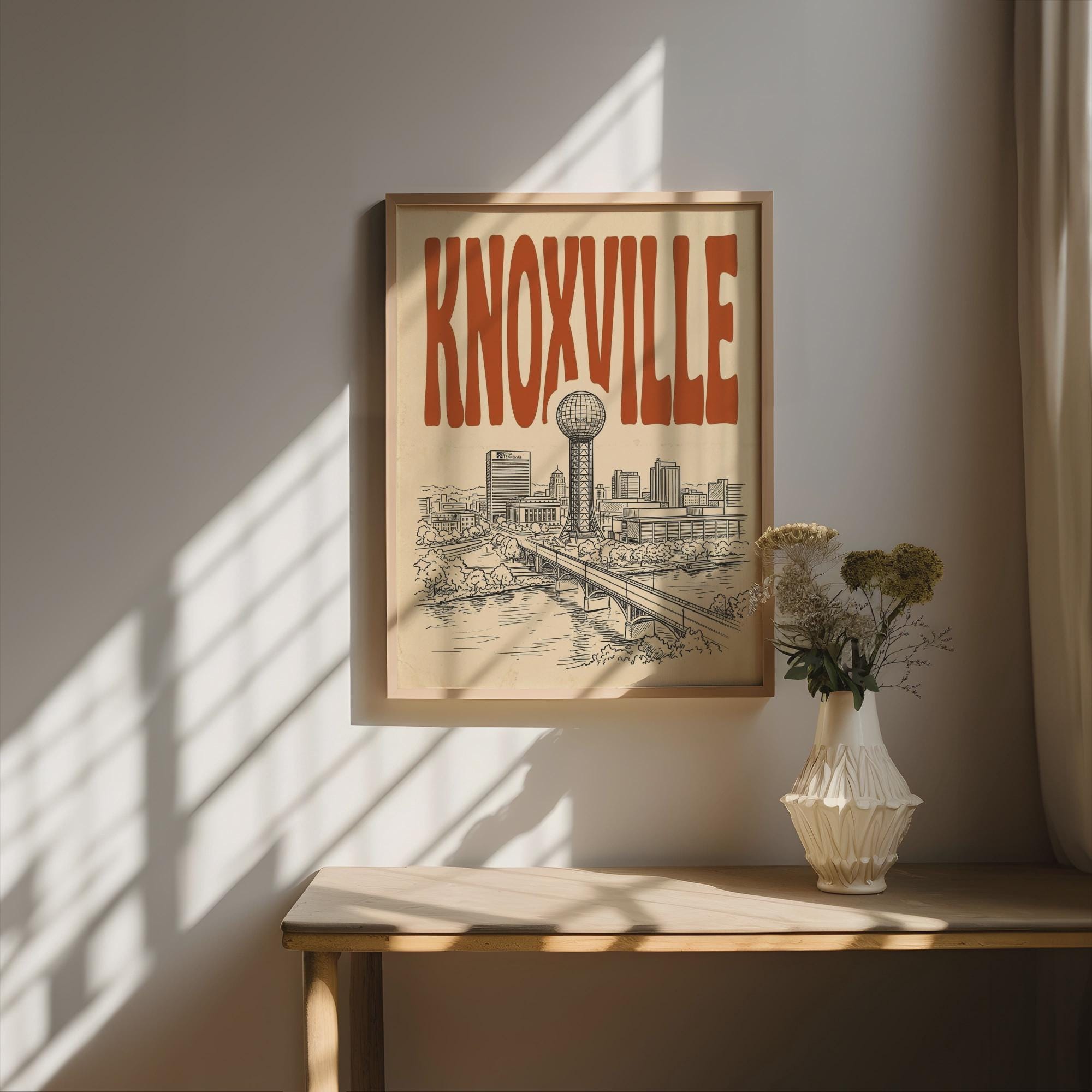 Knoxville Tennessee Skyline Wall Art, Framed Canvas Print, Retro City Decor