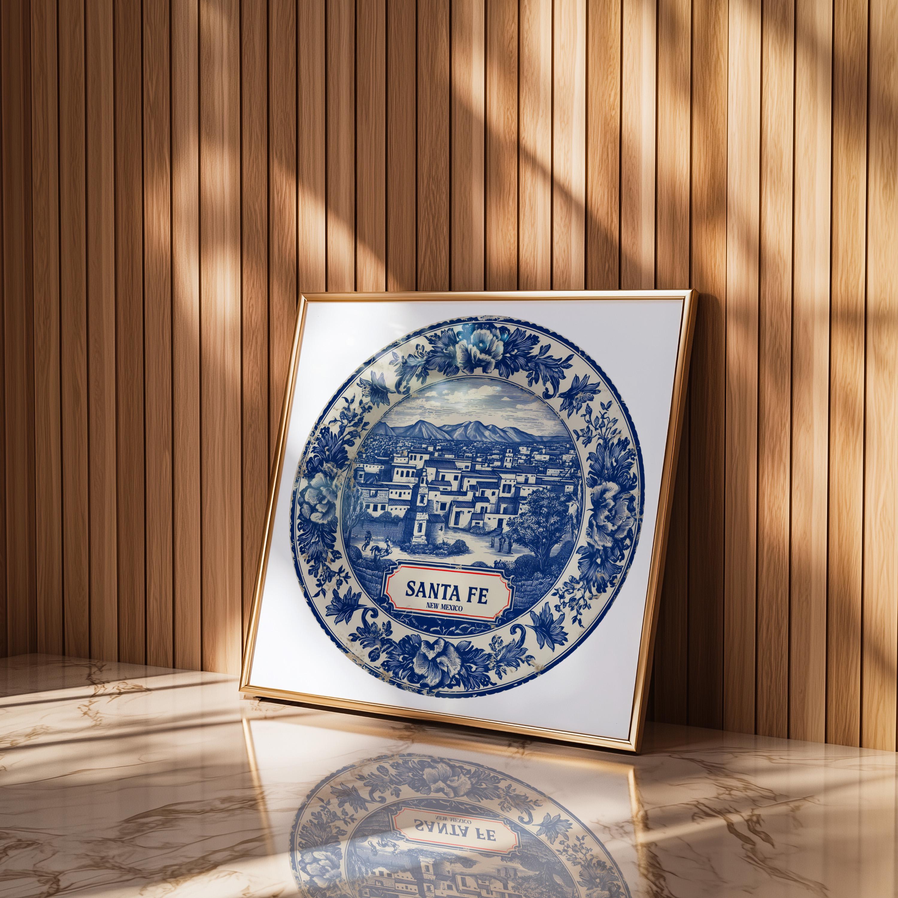 Santa Fe New Mexico Wall Art, Vintage Delft Blue Poster, City Print, Travel Home Decor