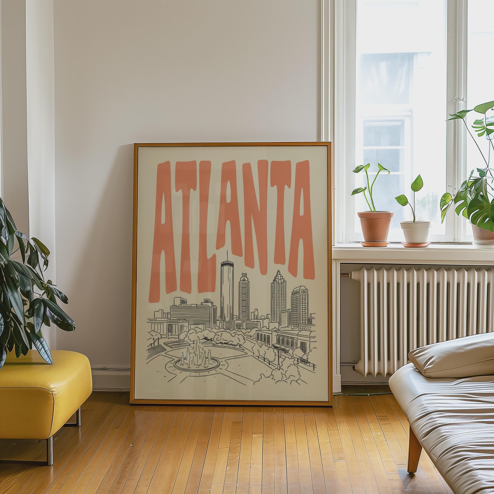 Atlanta Skyline Wall Art, Framed Canvas Print, Retro City Line Art Decor