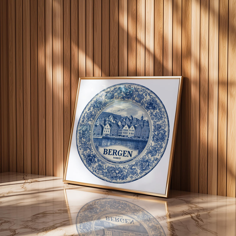 Bergen Norway Wall Art, Vintage Delft Blue Poster, City Print, Travel Home Decor