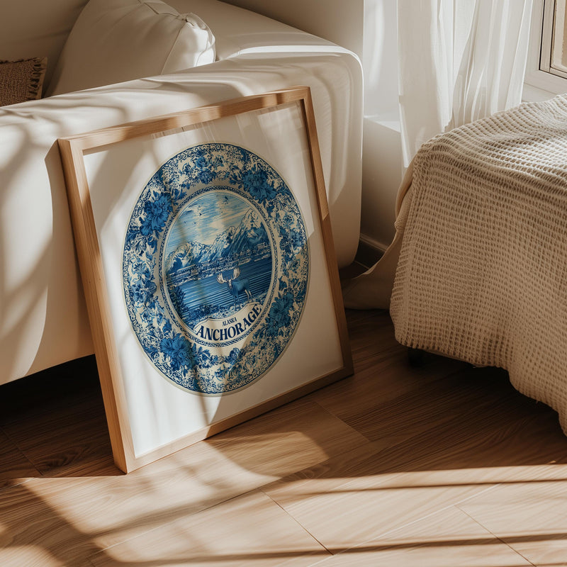 Anchorage Alaska Wall Art, Vintage Delft Blue Poster, City Print, Travel Home Decor