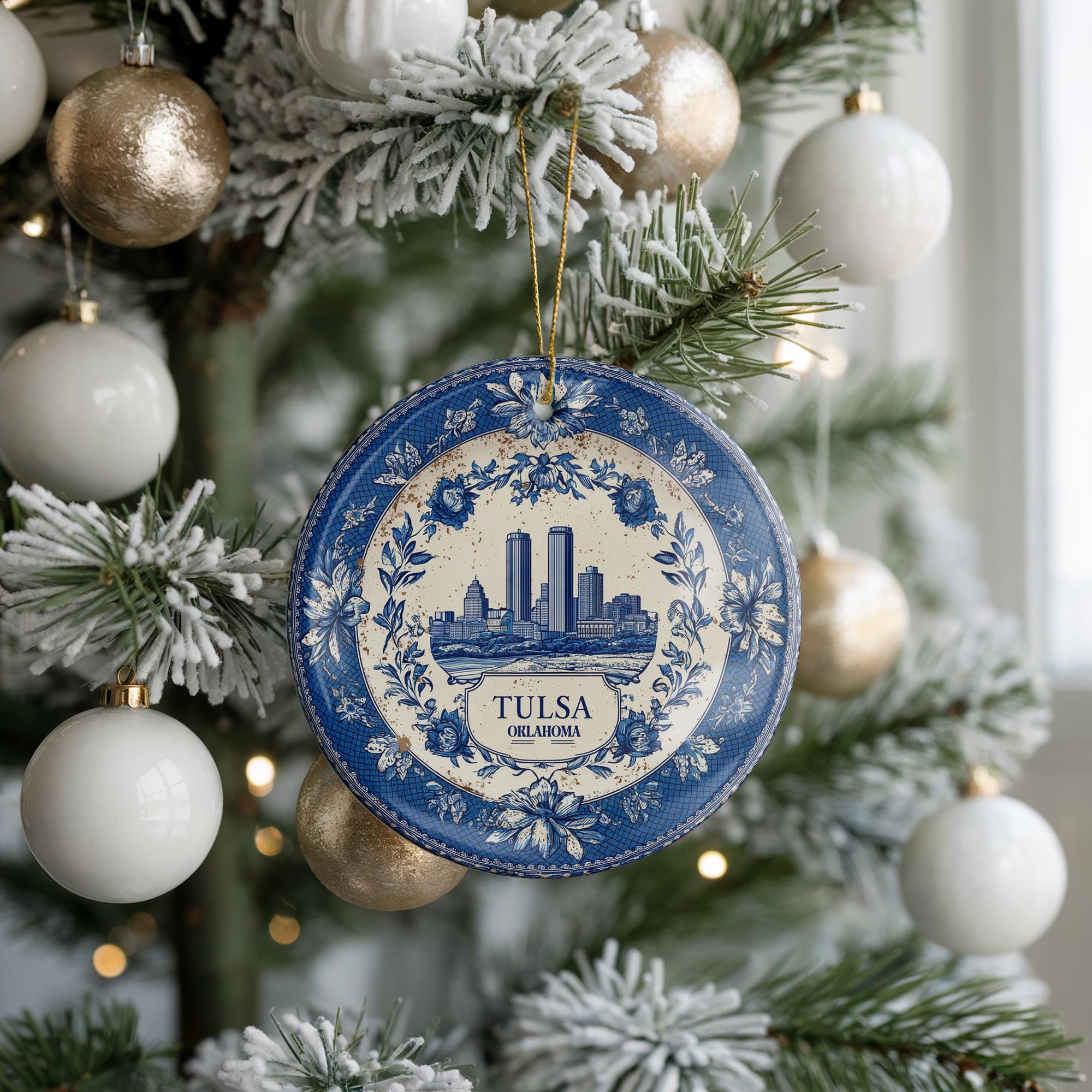 Custom Tulsa Oklahoma Ceramic Delft Ornament, Christmas Delftware Blue Delftware city travel