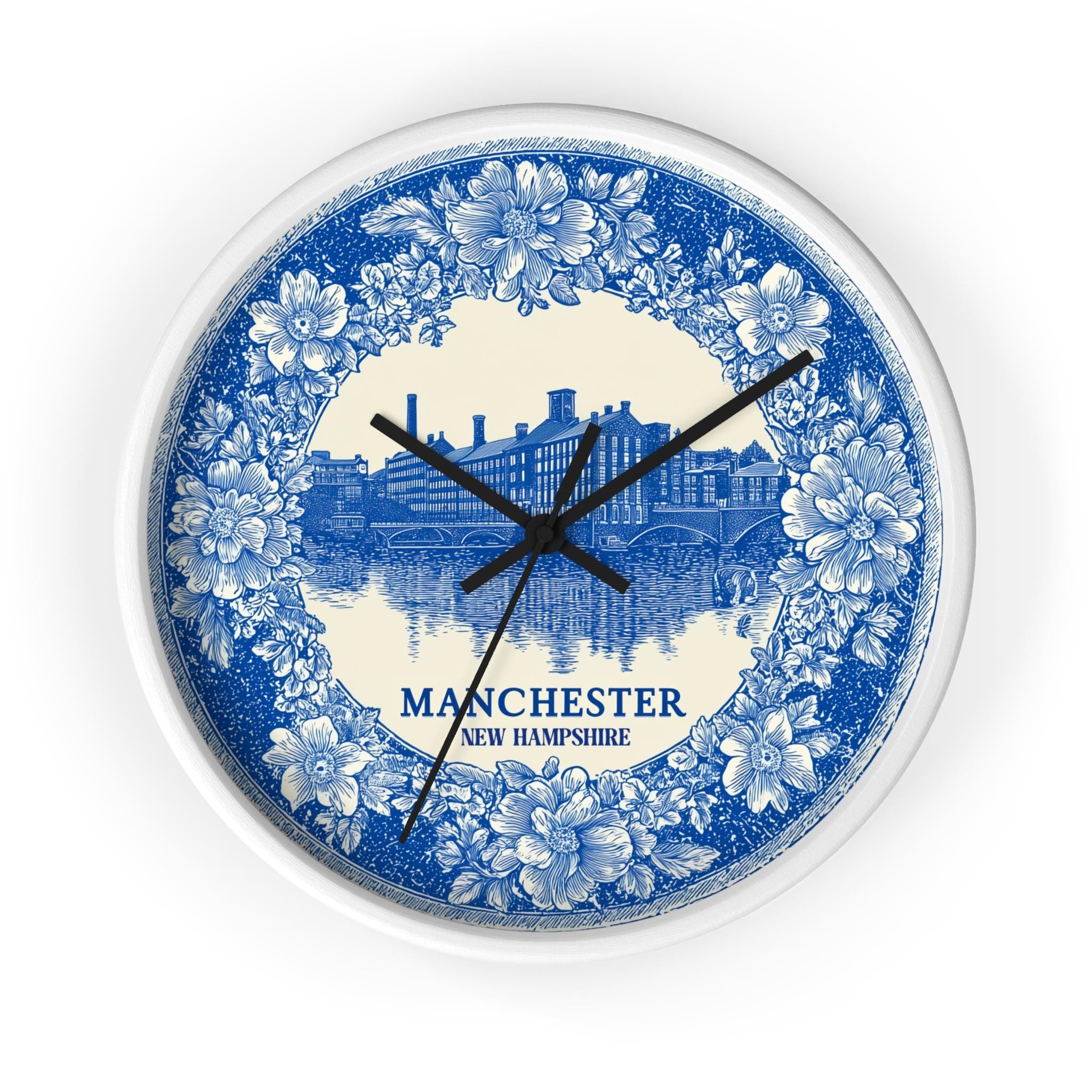 Manchester New Hampshire Wall Clock, Delf style Home Decor, Vintage City Travel Keepsake Art