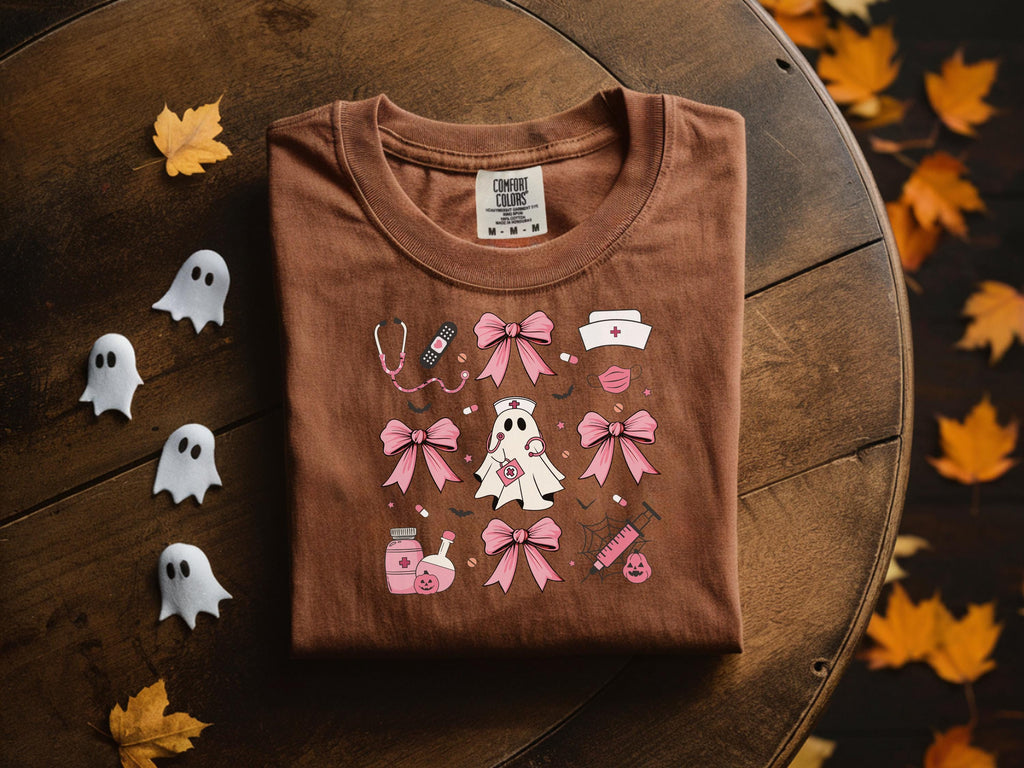 Cute Halloween Nurse Ghost Sweatshirt, Fall Medical Shirt with Leaves, Pumpkins, and Syringe, Spooky Season Gift for Healthcare Worker
