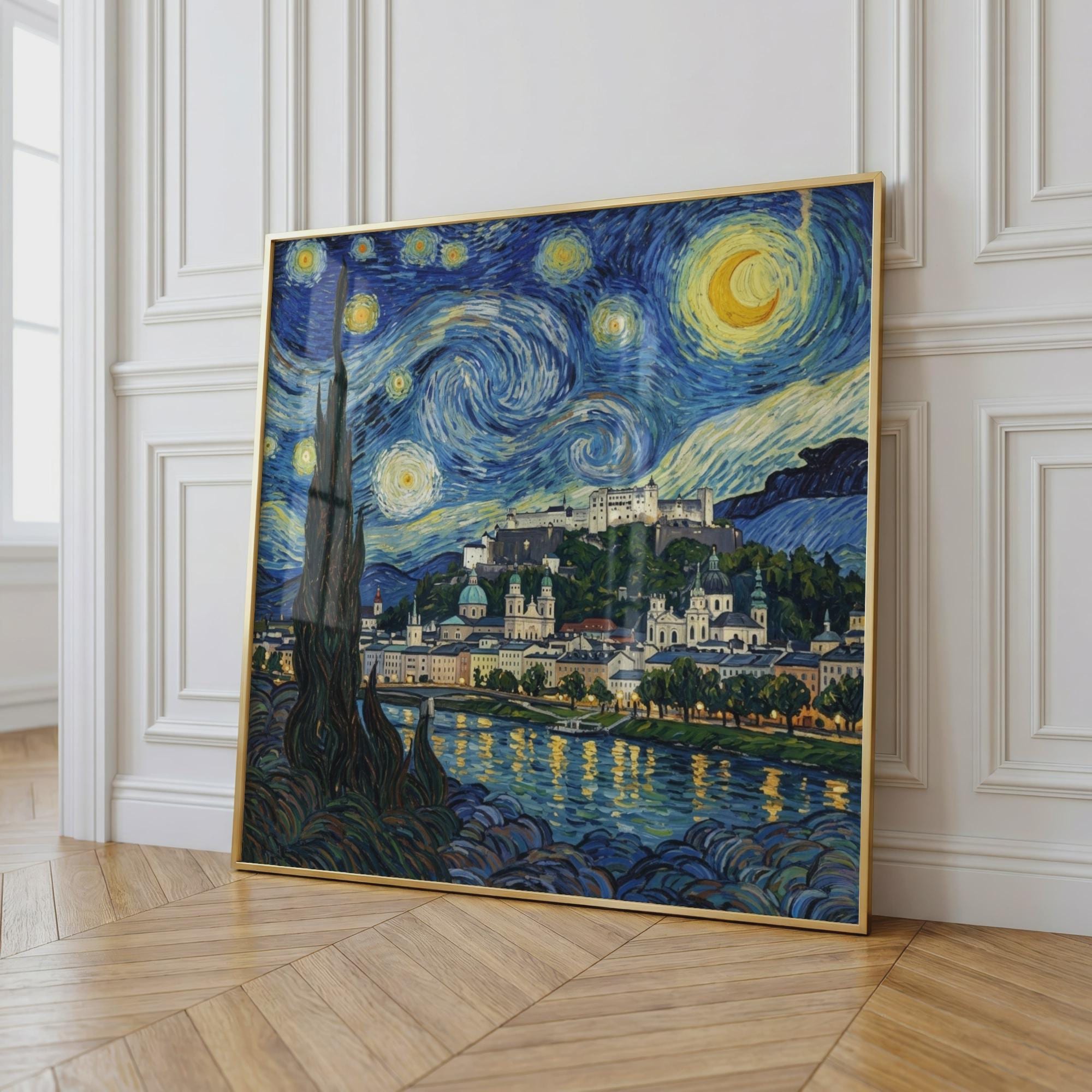 Salzburg Starry Night Wall Art, Van Gogh Style Framed Canvas, Austria City Print