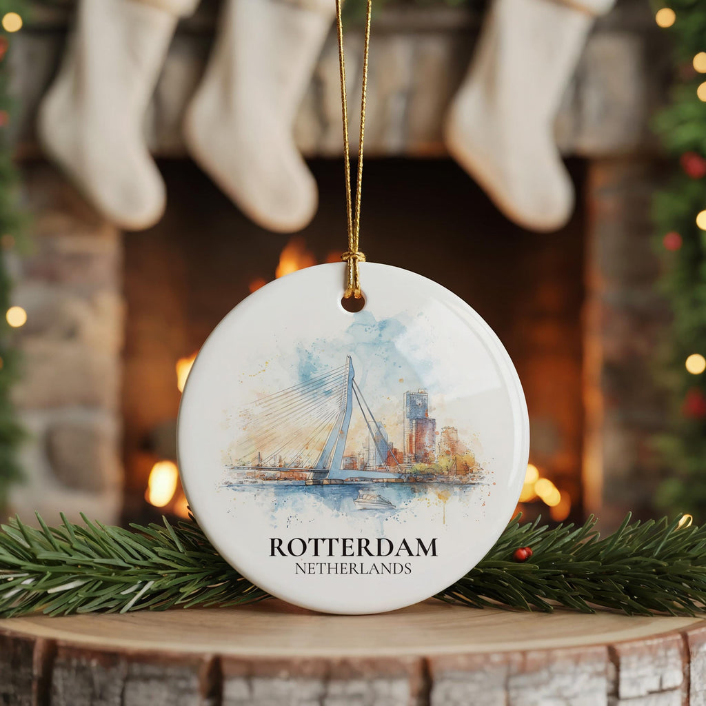 Rotterdam Netherlands Personalized Watercolor Ornament, Custom Ceramic Christmas gift, Travel Keepsake