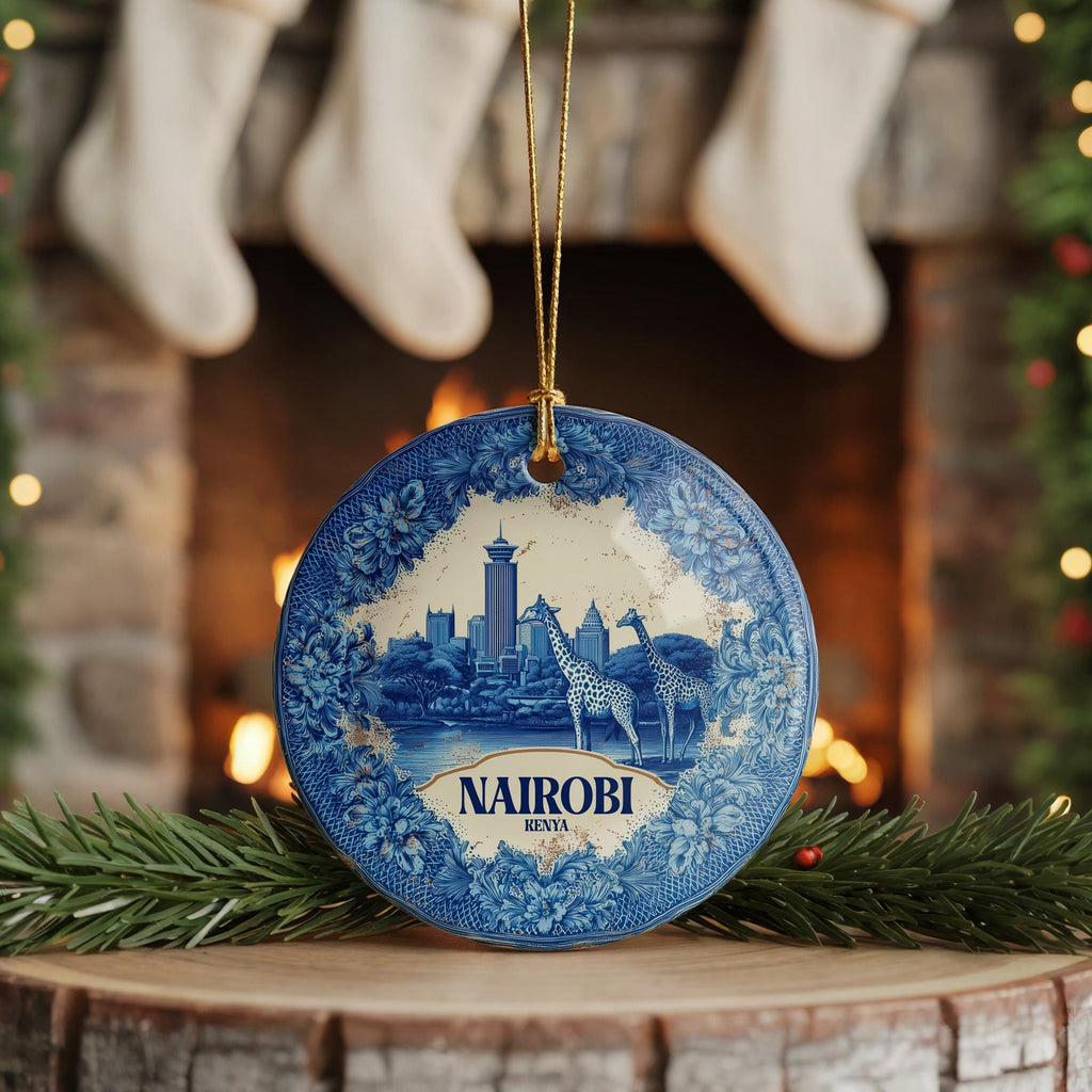 Custom Nairobi Kenya Ceramic Delft Ornament, Christmas Delftware Blue Delftware city travel