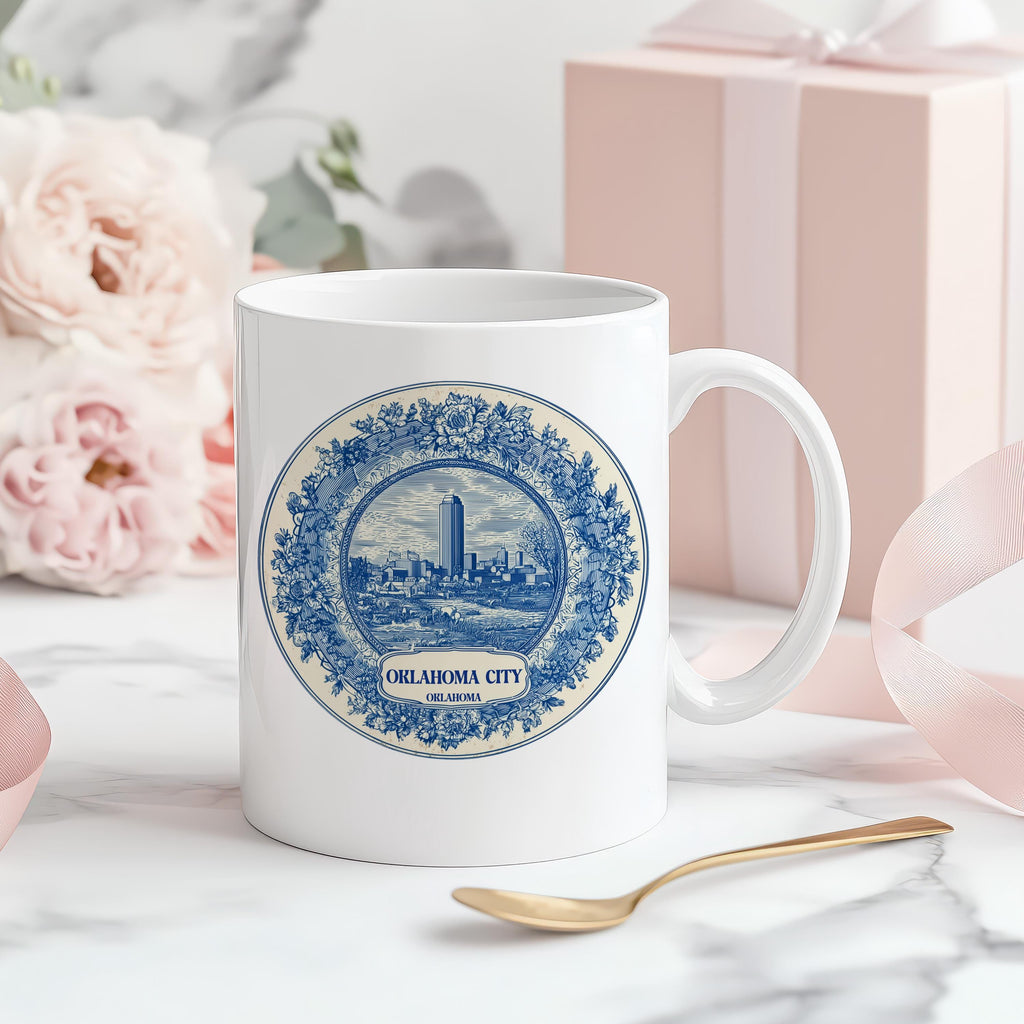 Oklahoma City Mug, Custom Delft Style cup, Personalized Vintage Travel City Gift